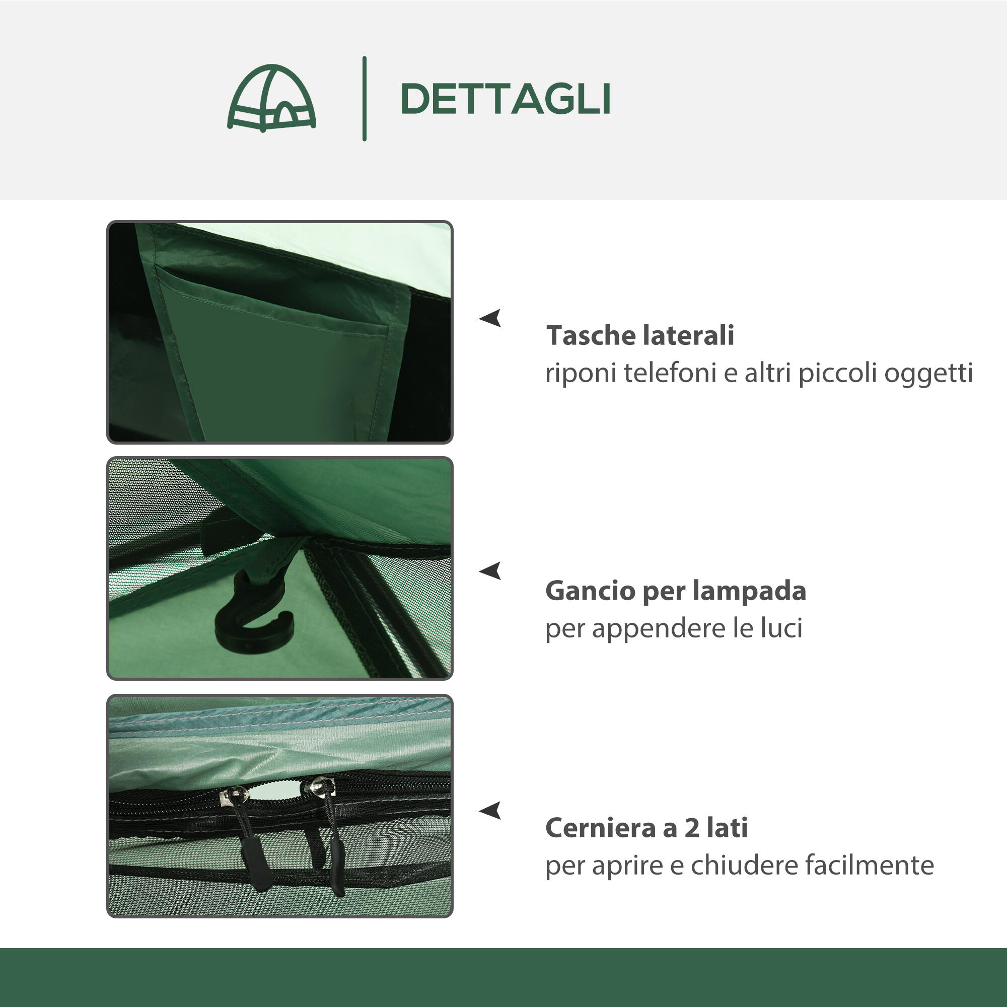 Outsunny Tenda da Campeggio 2 Posti con Sacca di Trasporto, 206x185x120cm, Verde 5/7