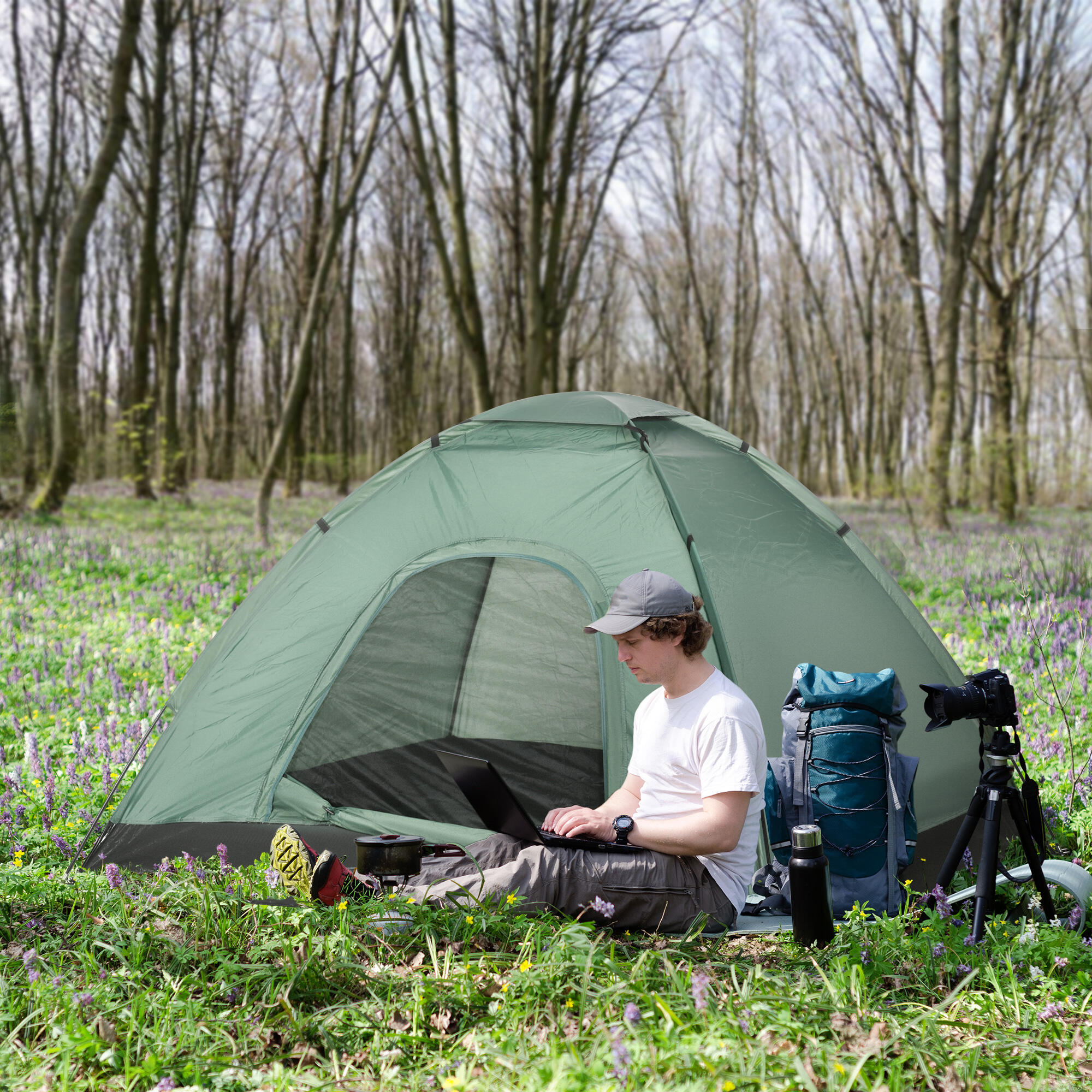 Outsunny Tenda da Campeggio 2 Posti con Sacca di Trasporto, 206x185x120cm, Verde 2/7