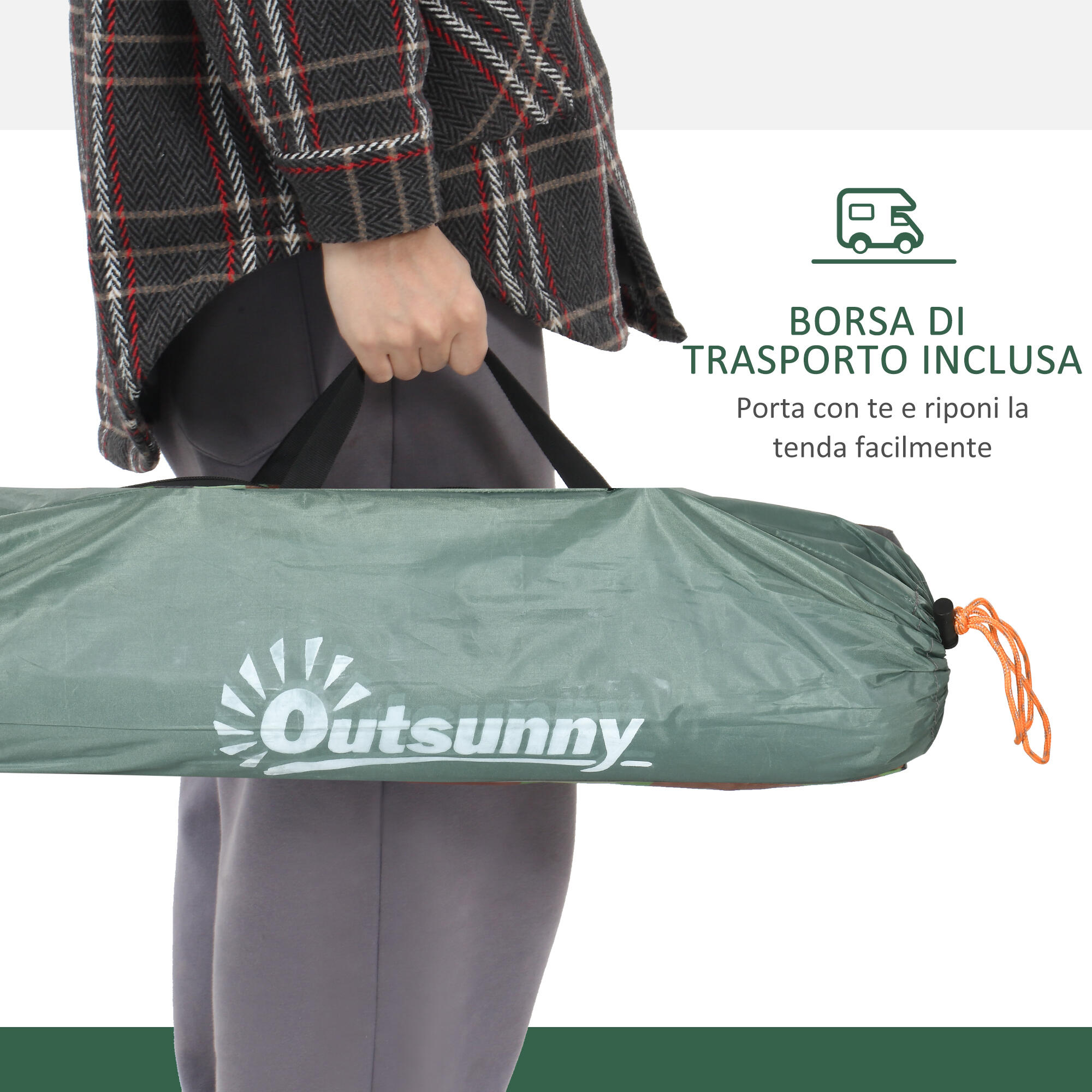 Outsunny Tenda da Campeggio 2 Posti con Sacca di Trasporto, 206x185x120cm, Verde 6/7