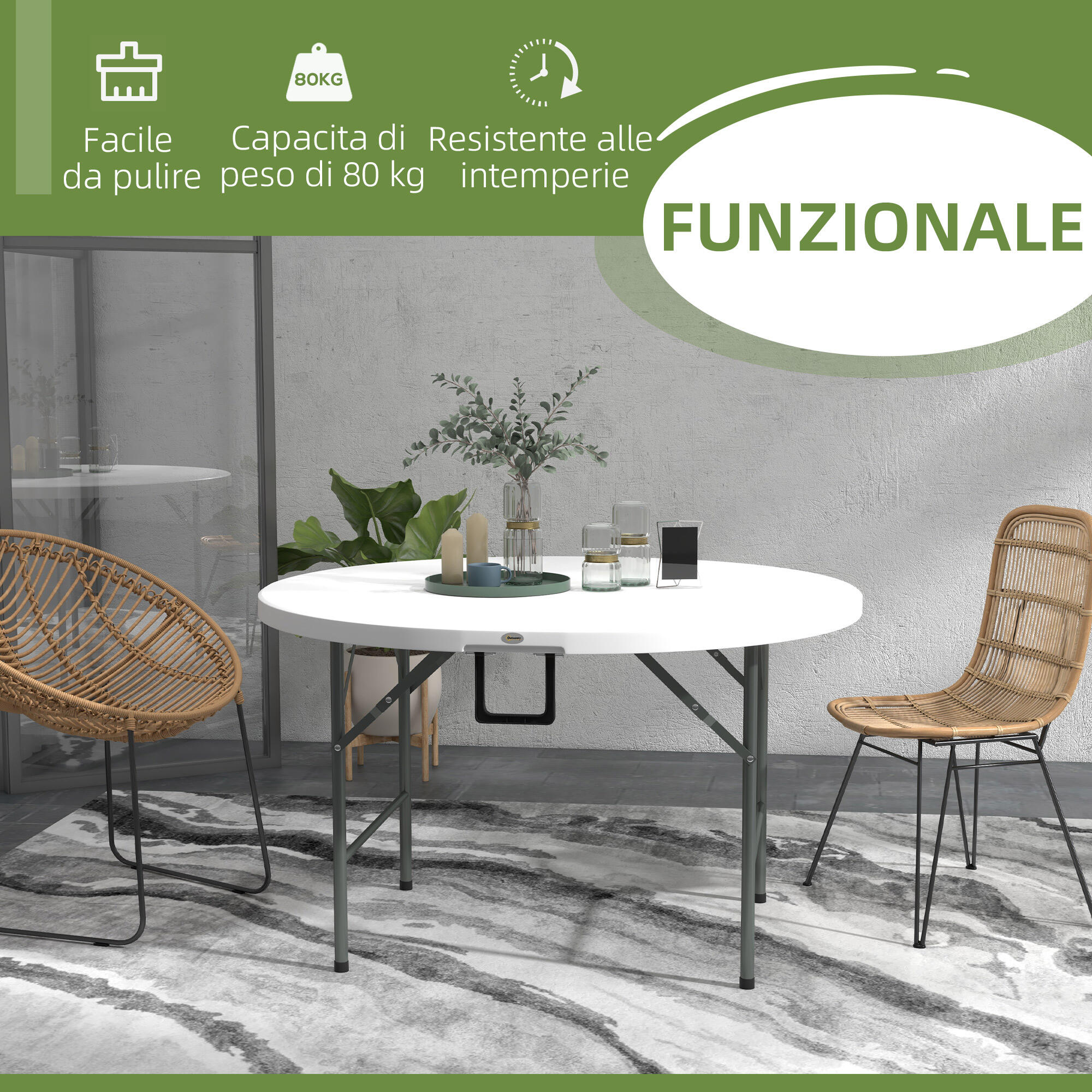 Outsunny Tavolo da Campeggio Pieghevole, Ø122x73 cm, Grigio e Bianco 5/7
