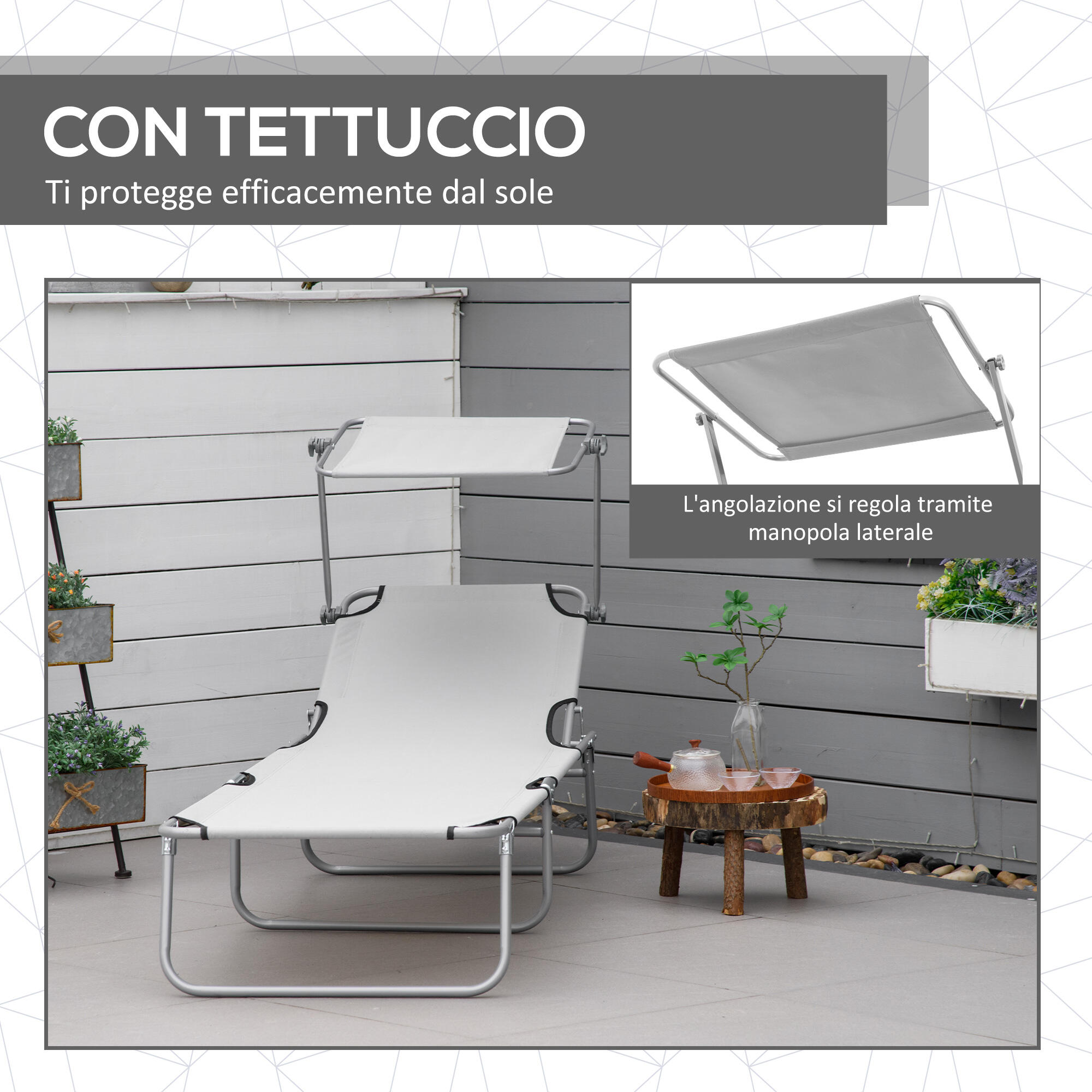 Outsunny Sdraio da Giardino Pieghevole e Reclinabile con Tettuccio Grigio Chiaro 6/8