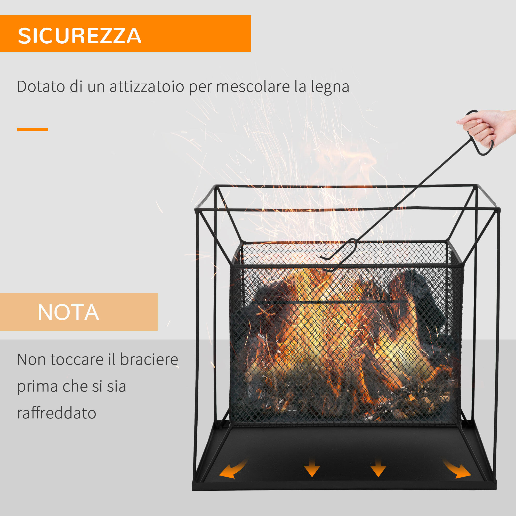Outsunny Braciere da Giardino a Legna Portatile con Attizzatoio 45x45x43cm Nero 5/7