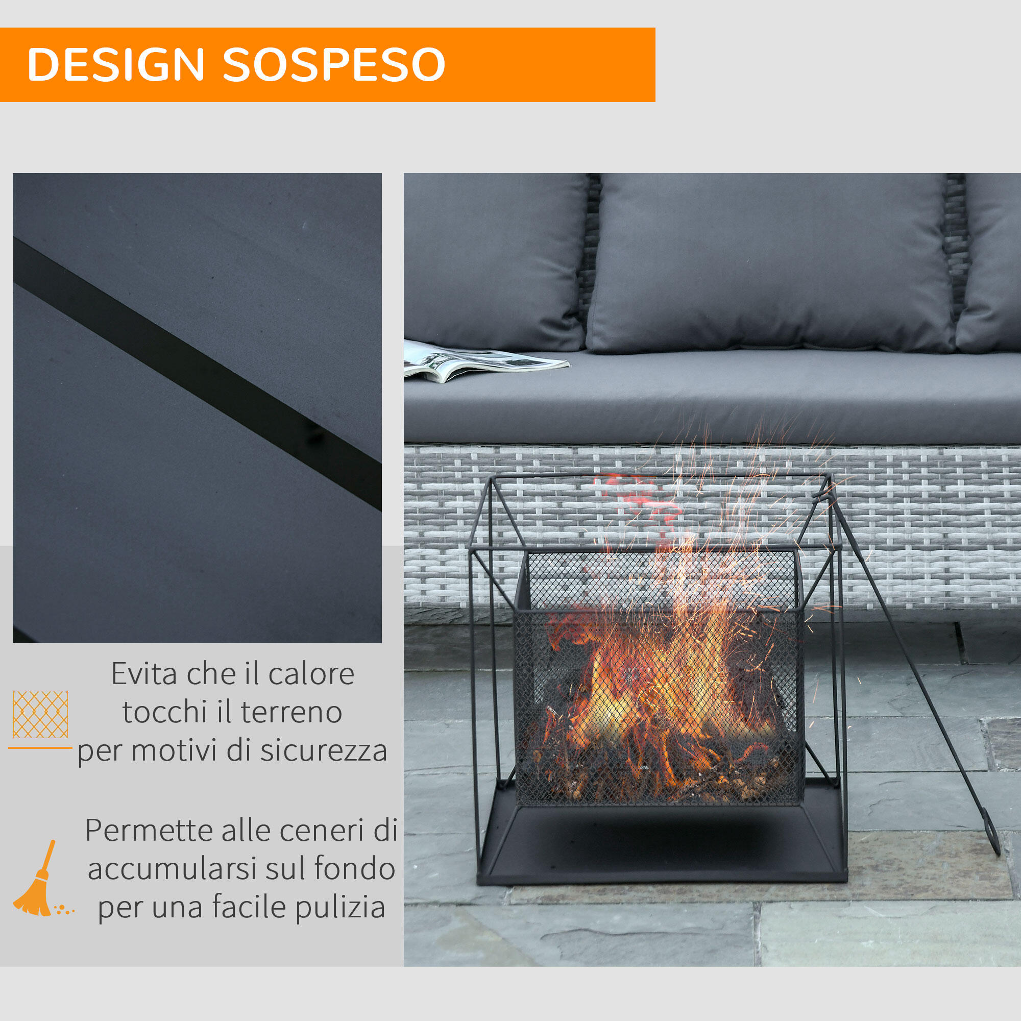 Outsunny Braciere da Giardino a Legna Portatile con Attizzatoio 45x45x43cm Nero 6/7