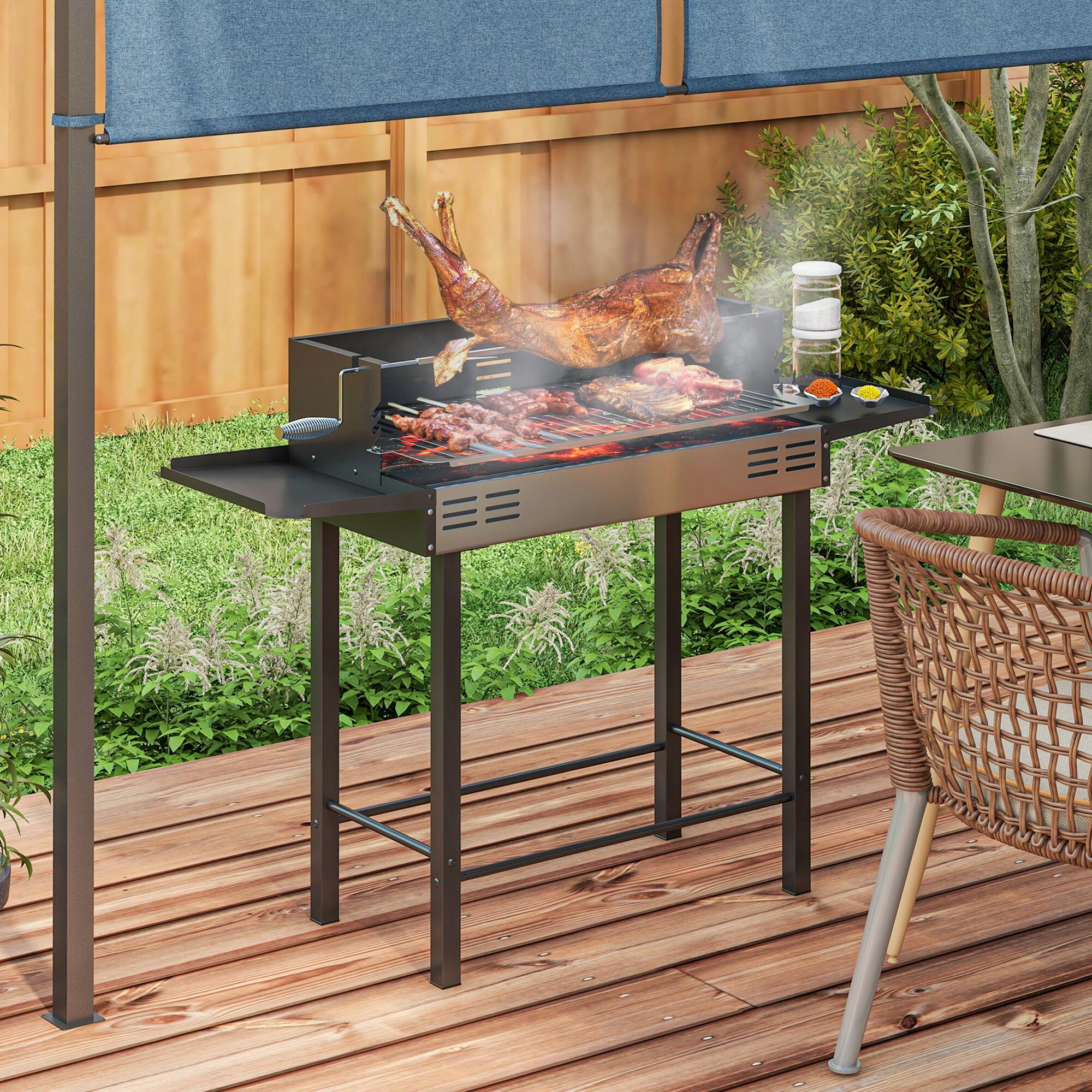 Outsunny Barbecue a Carbone con Girarrosto e Mensole Pieghevoli 118x32x90 cm 2/7