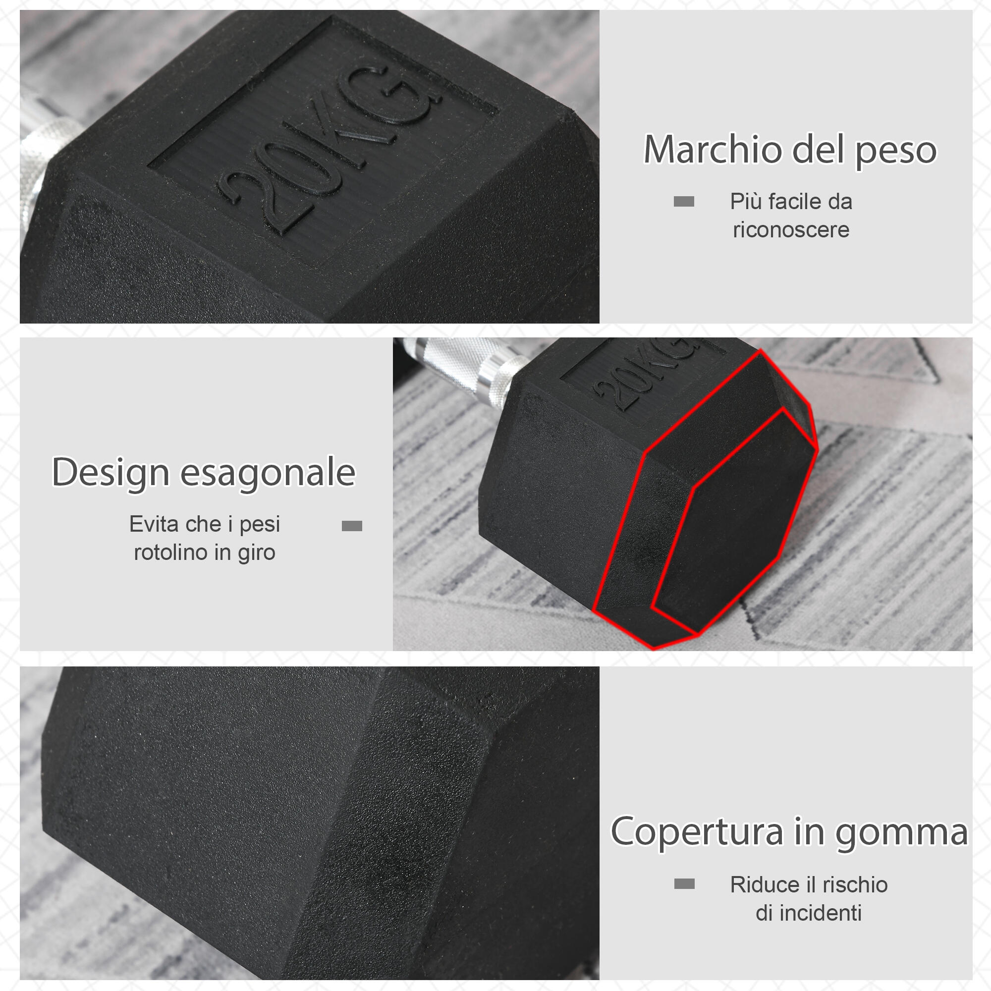 HOMCOM Manubrio Esagonale da 20kg in Acciaio e Gomma Nero 4/7