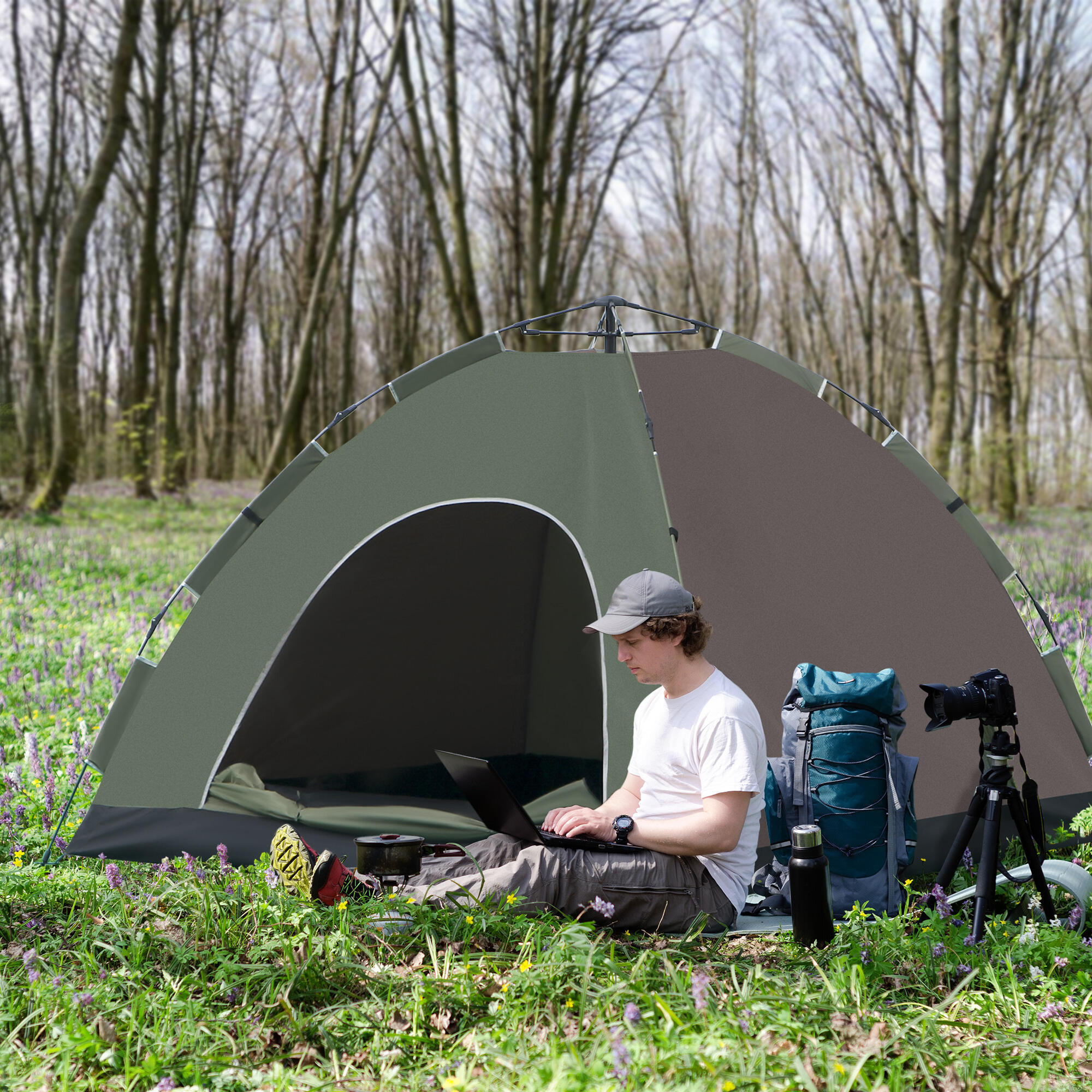 Outsunny Tenda da Campeggio Pop-Up 2 Posti con Borsa, 210x210x135cm, Verde 2/8