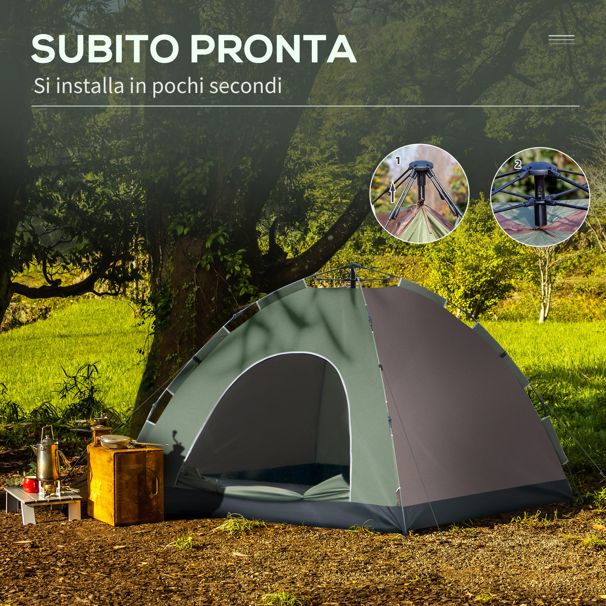 Tenda Da Campeggio Outsunny 2 Posti Pop Up - Igloo Con Rete E Porta, 240x240x199 Cm, Verde - Foto 3