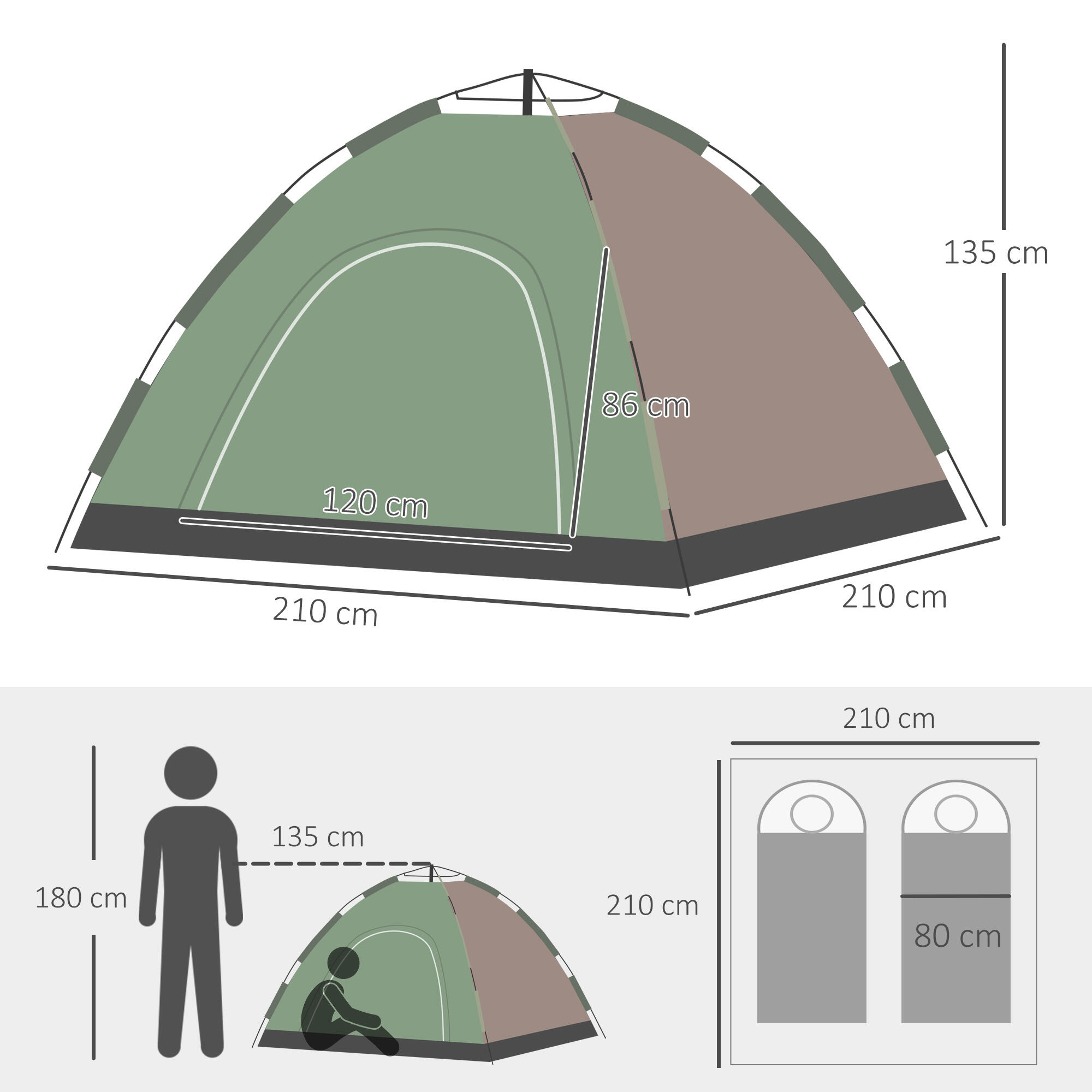 Outsunny Tenda da Campeggio Pop-Up 2 Posti con Borsa, 210x210x135cm, Verde 3/8