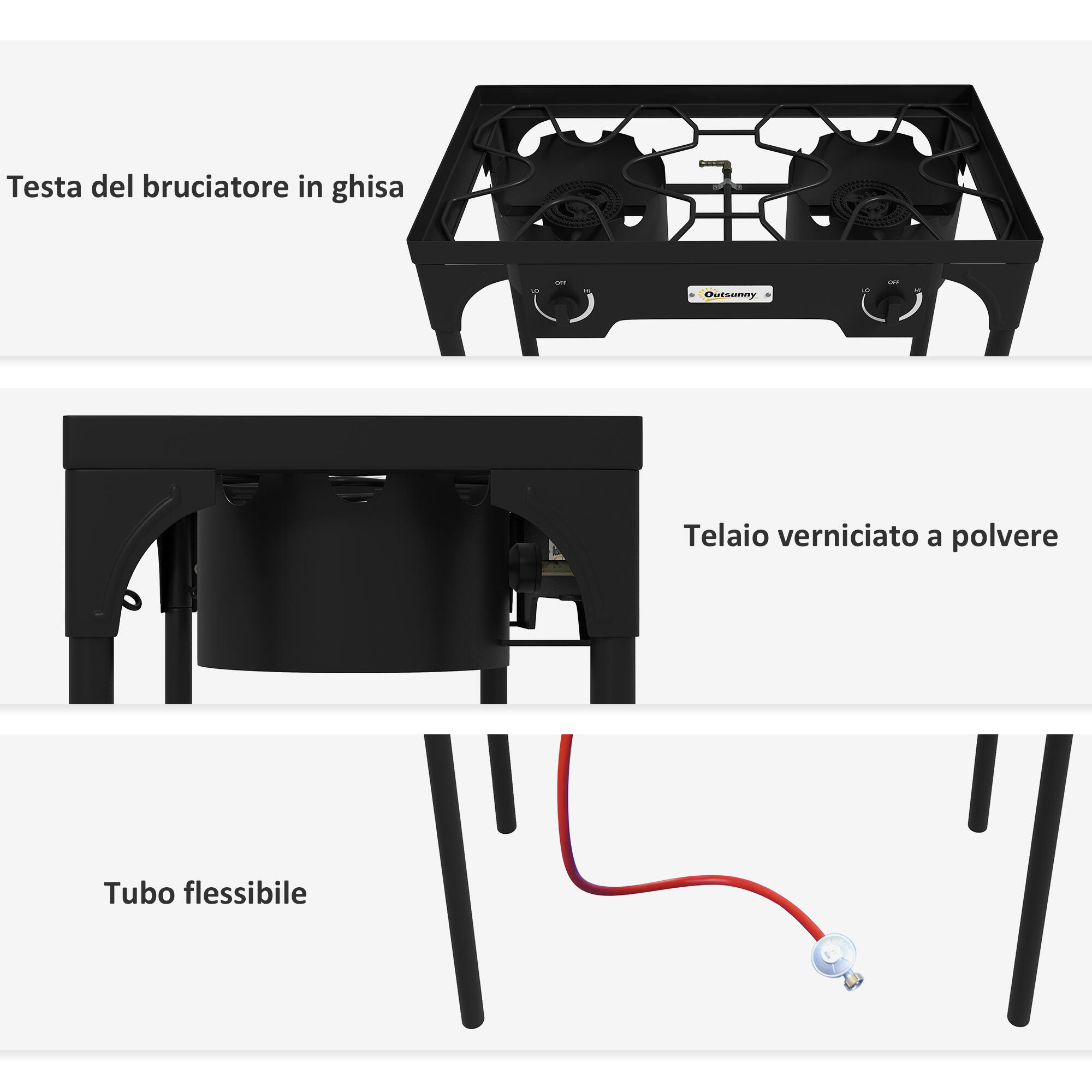 Outsunny Fornello a Gas da Campeggio con 2 Bruciatori 150.000BTU in Metallo Nero 7/7