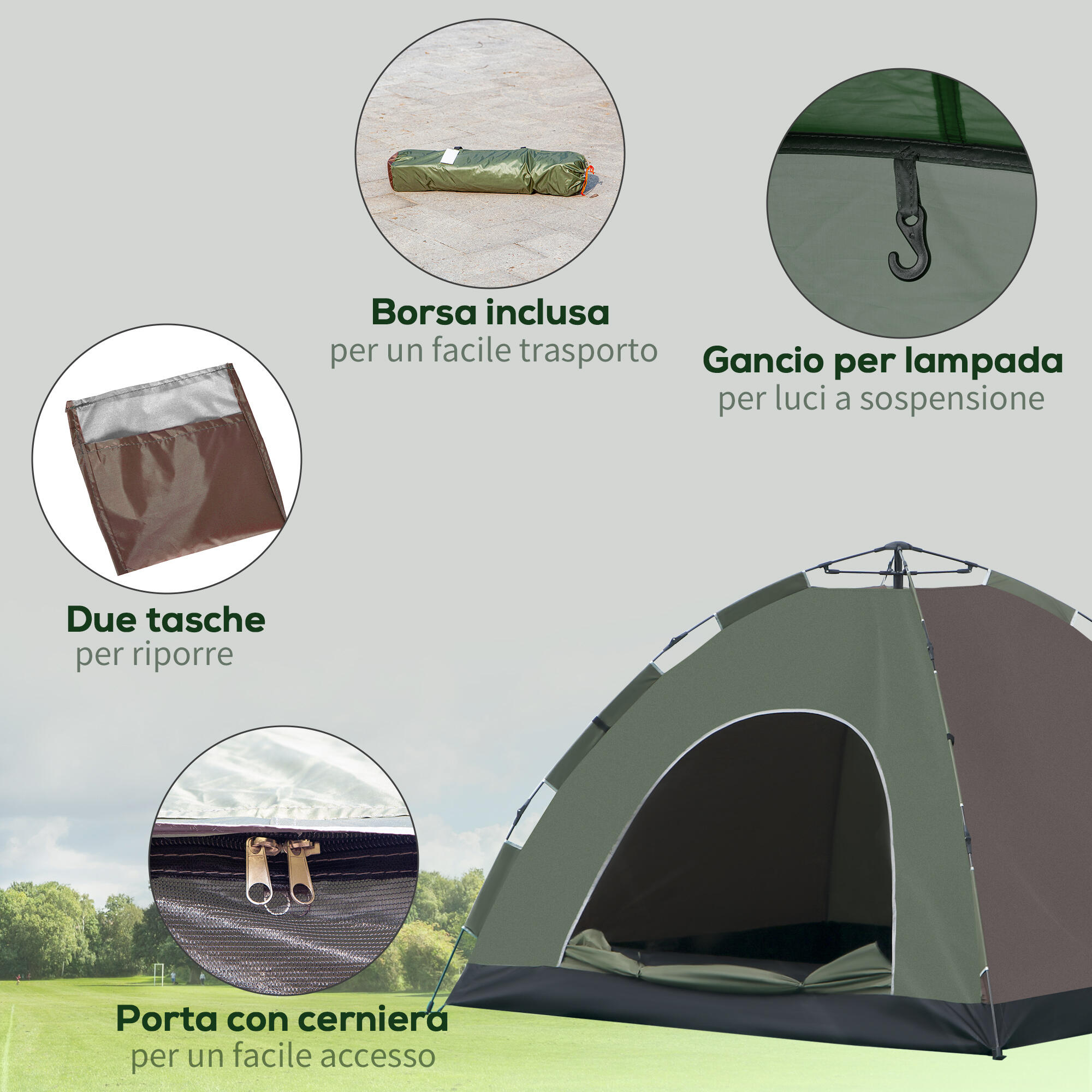 Outsunny Tenda da Campeggio Pop-Up 2 Posti con Borsa, 210x210x135cm, Verde 5/8