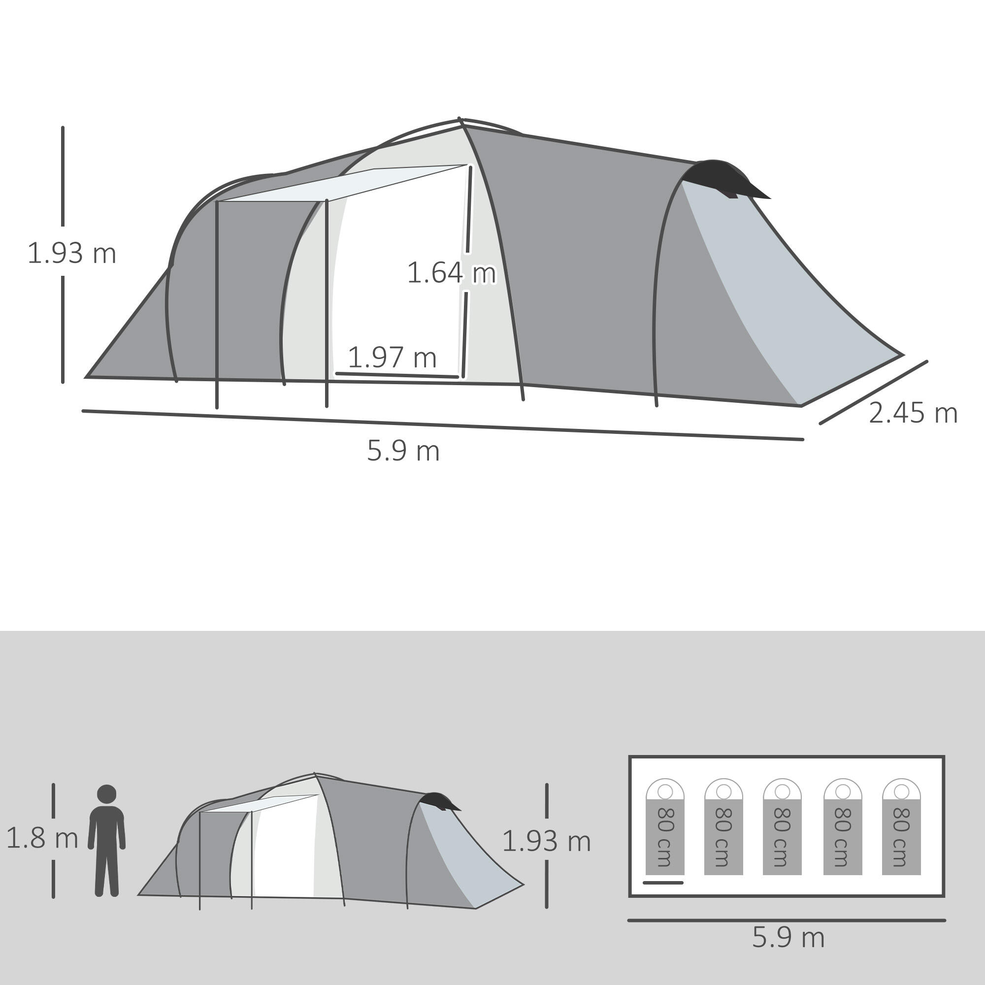 Outsunny Tenda da Campeggio 5 Posti, Impermeabile, 590x245x193cm, Grigio 3/3