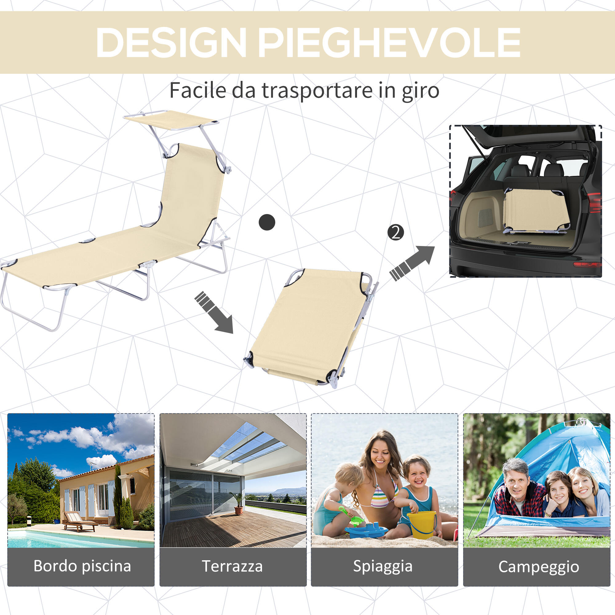 Outsunny Sdraio da Giardino Pieghevole e Reclinabile con Tettuccio Beige 4/7