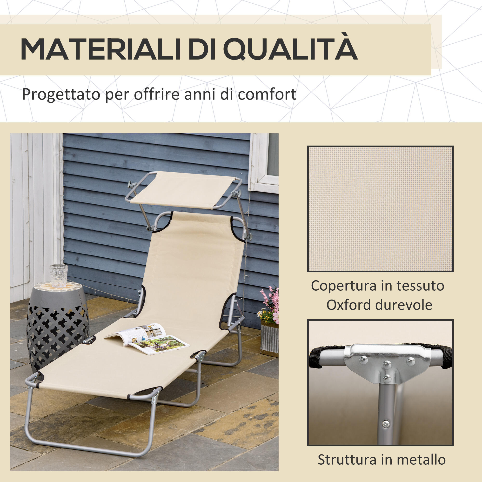 Outsunny Sdraio da Giardino Pieghevole e Reclinabile con Tettuccio Beige 7/7