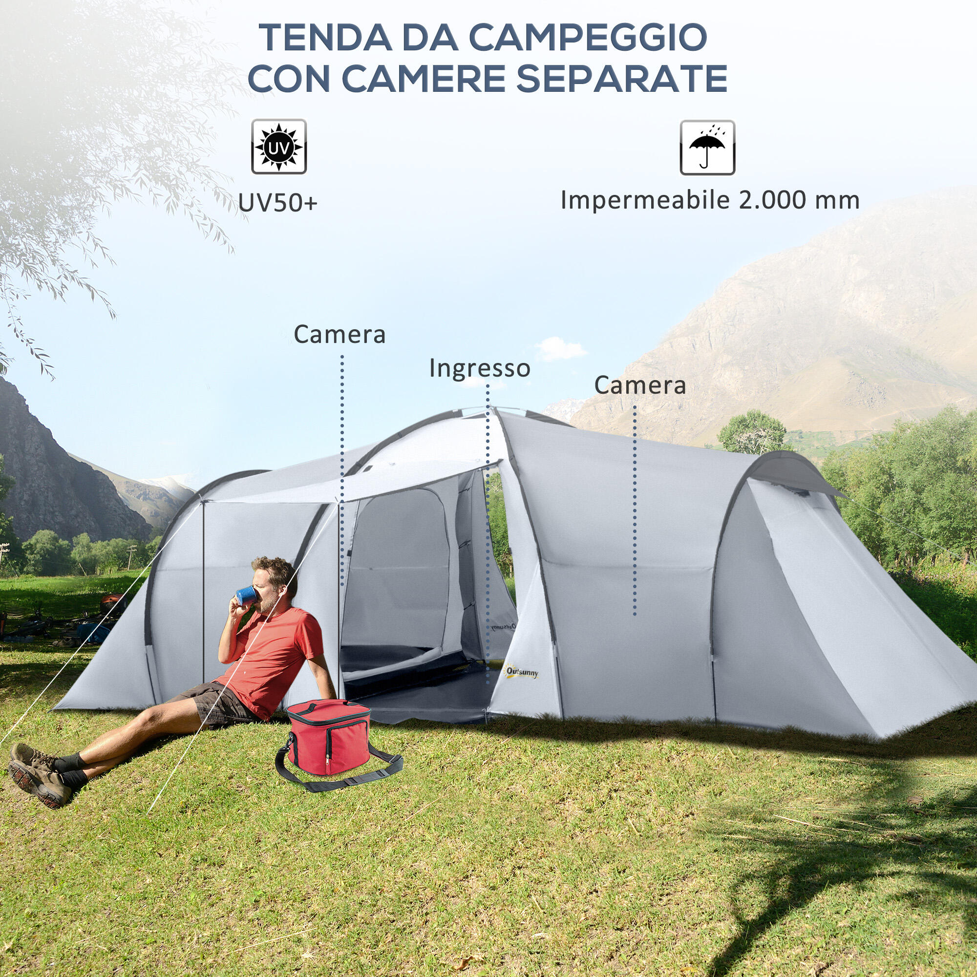 Tente de camping - 5 places, 2 chambres, étanche - gris 6/6