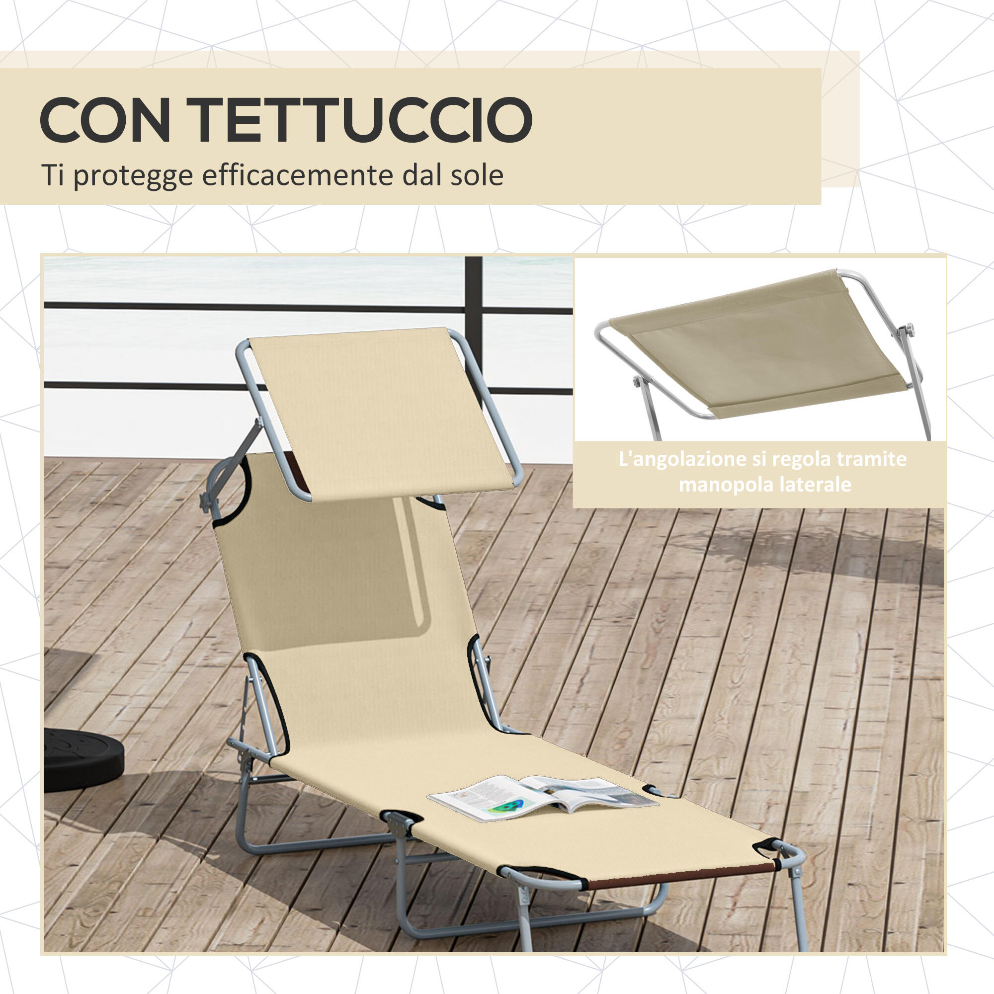 Outsunny Sdraio da Giardino Pieghevole e Reclinabile con Tettuccio Beige 6/7