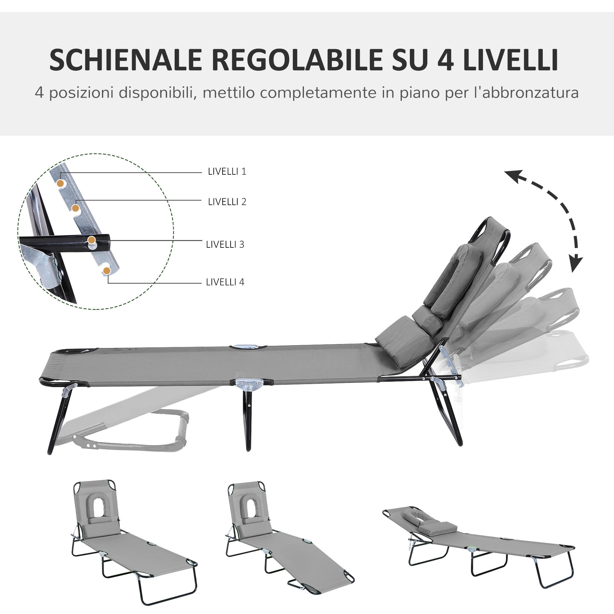 Outsunny Sdraio Pieghevole con Foro per Viso e Cuscini Tessuto Oxford Grigio 4/8