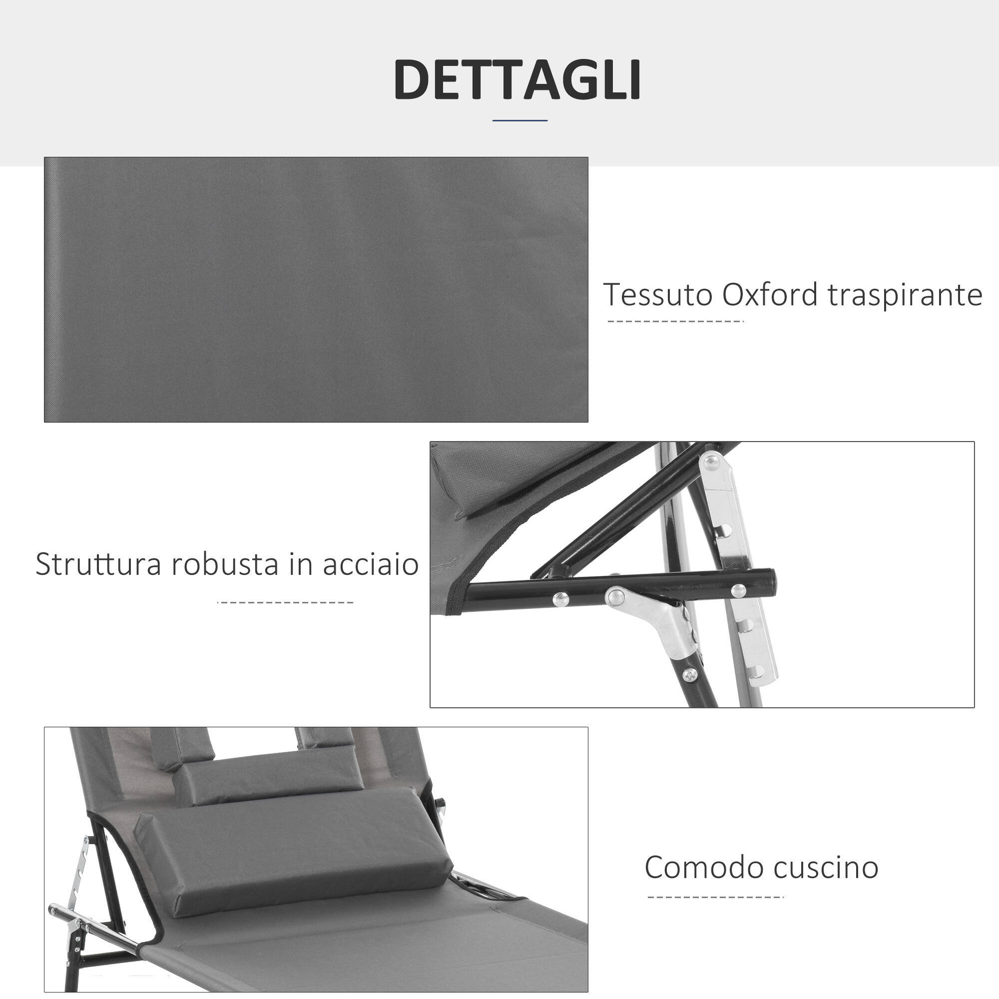 Outsunny Sdraio Pieghevole con Foro per Viso e Cuscini Tessuto Oxford Grigio 6/8