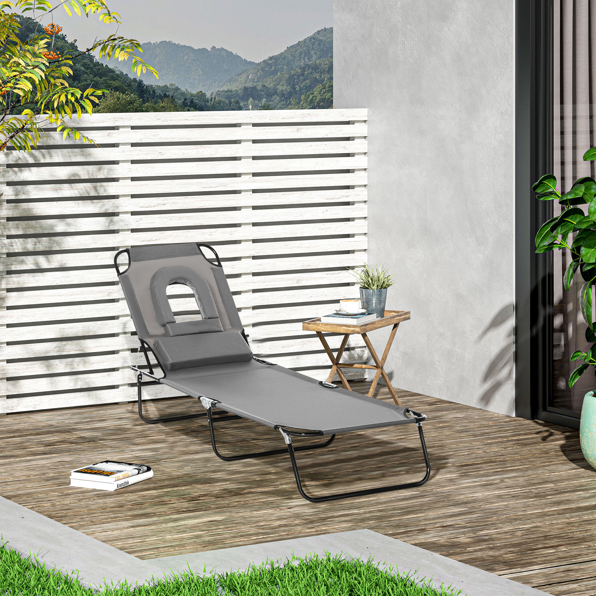 Outsunny Sdraio Pieghevole con Foro per Viso e Cuscini Tessuto Oxford Grigio 2/8