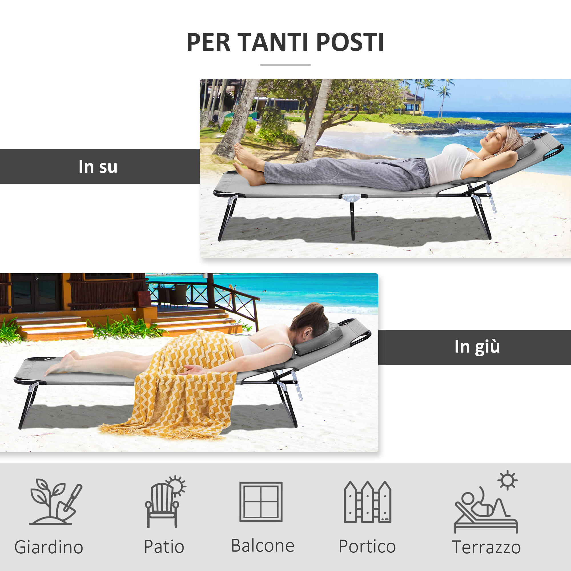 Outsunny Sdraio Pieghevole con Foro per Viso e Cuscini Tessuto Oxford Grigio 5/8
