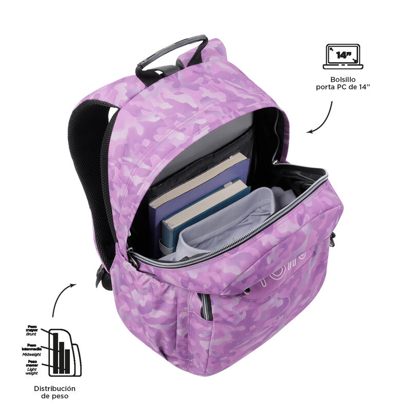 Mochila escolar Totto adaptable a carro camuflaje rosa  20 L