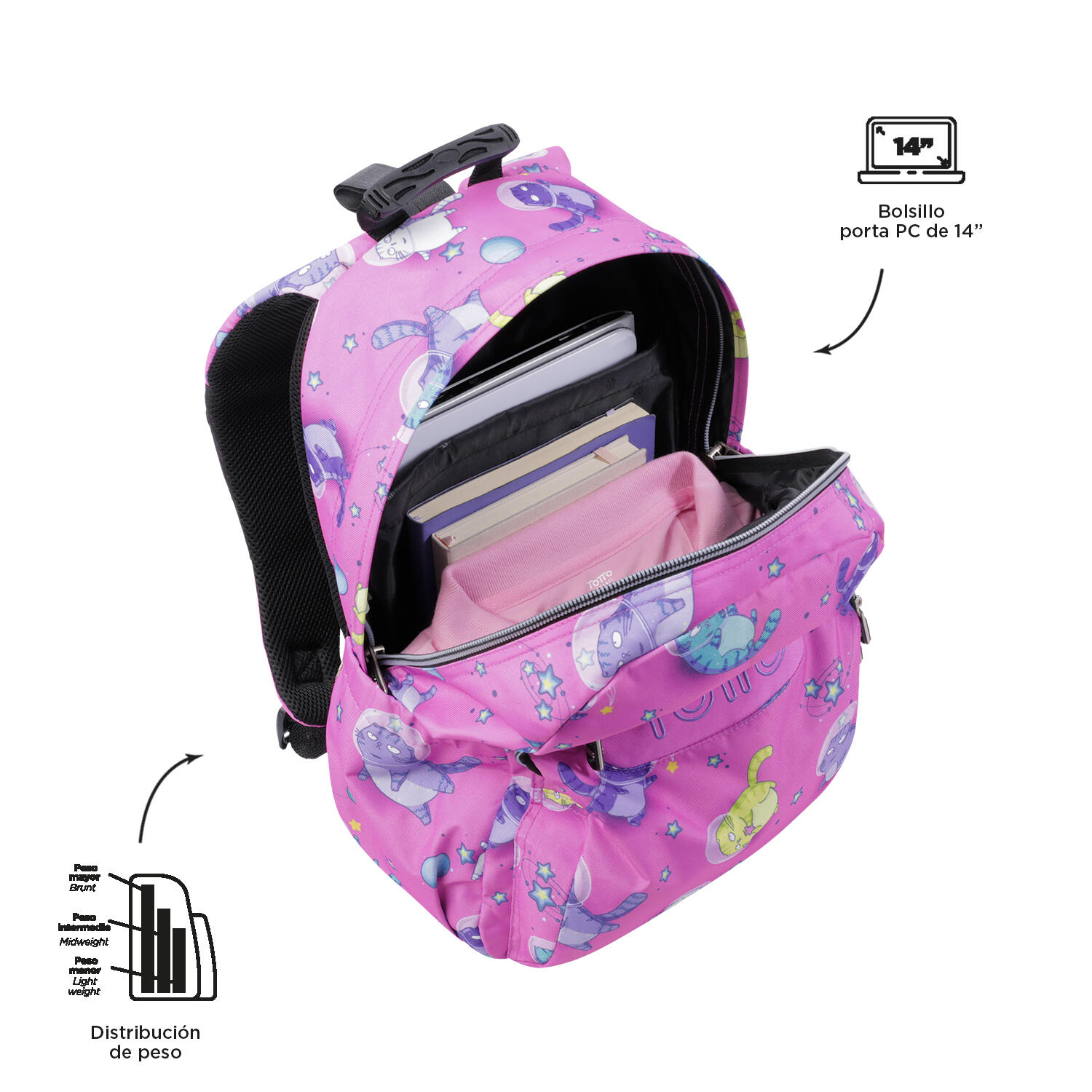 Totto Mochila escolar Acuareles Gatos Astronautas Poliéster 33 x44 x14 cm 5/5