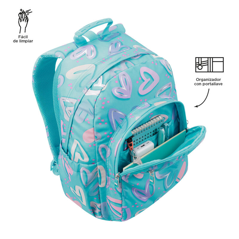 Mochila escolar Totto adaptable a carro corazones pintados  20 L