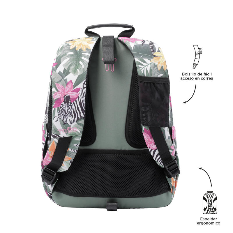 Mochila escolar Totto adaptable a carro tropical cebras  20 L