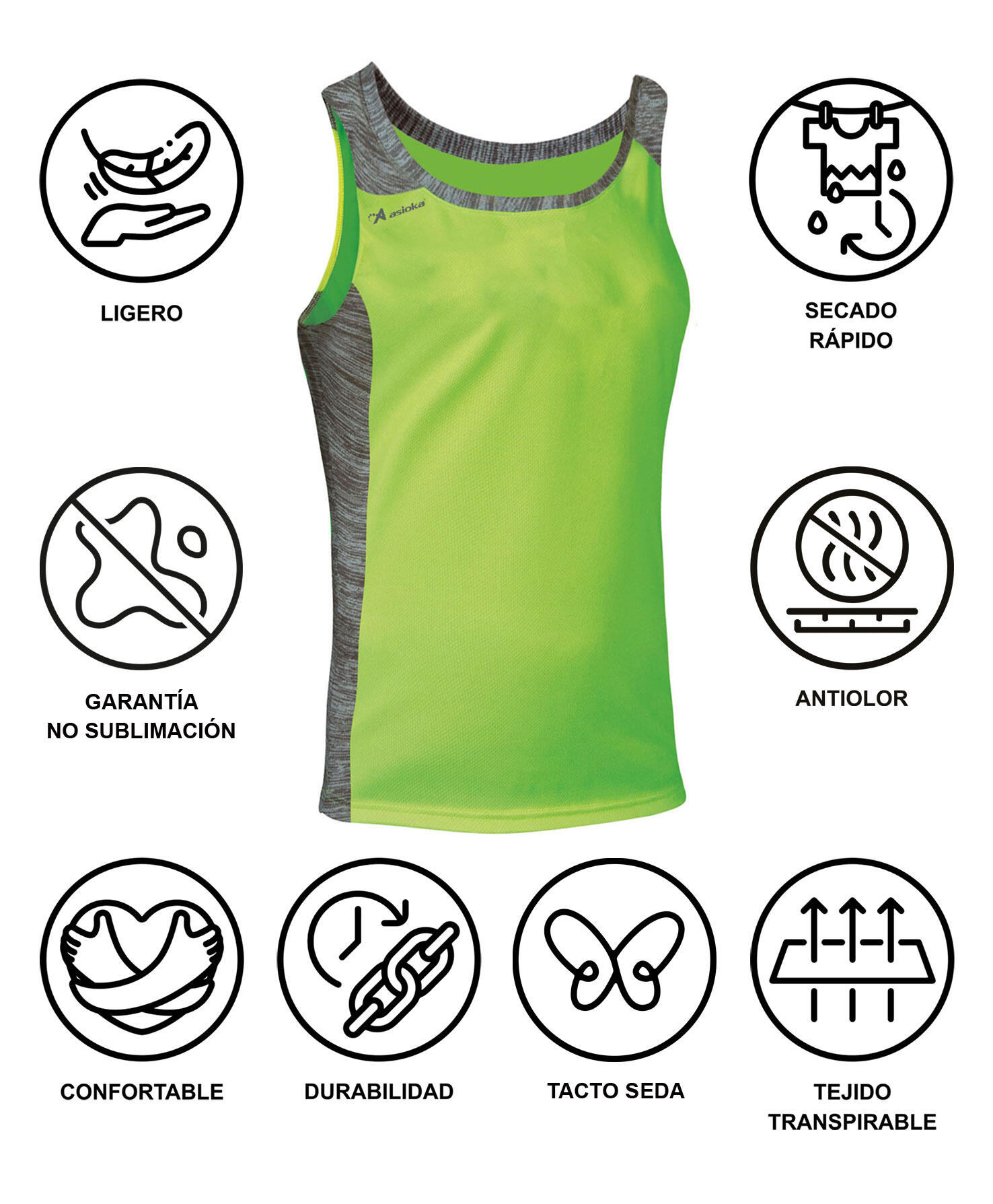 Camiseta Sin Mangas Running Hombre Asioka ELBA Verde Flúor.Transpirable 7/7