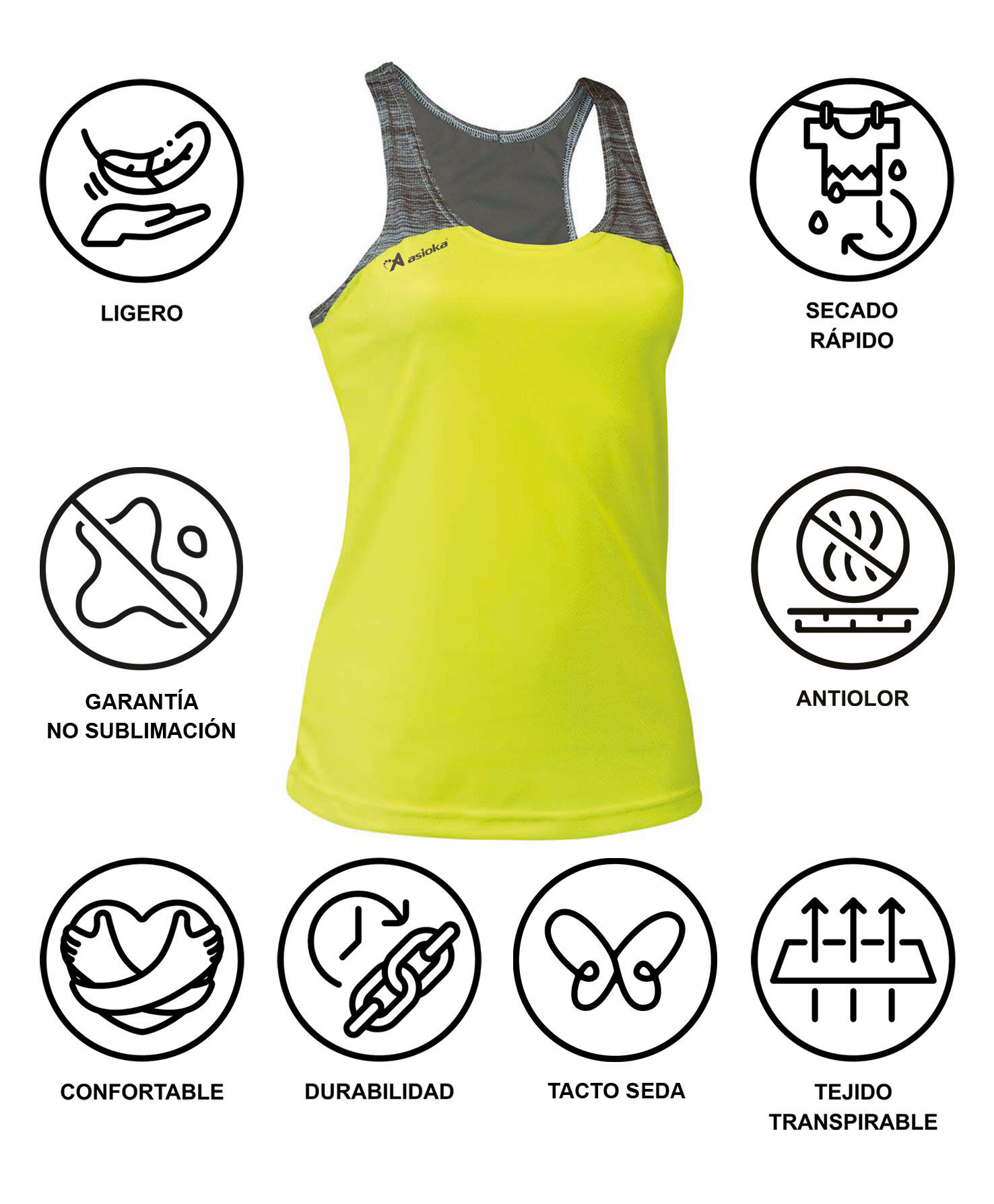 Camiseta Sin Mangas Running Mujer Asioka ELBA Amarillo Flúor/Gris.Transpirable 7/7
