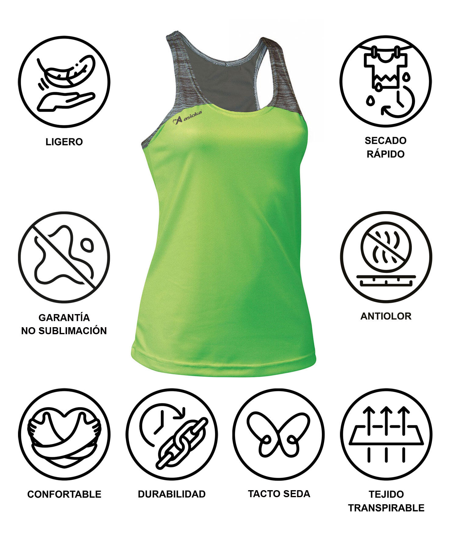 Camiseta Sin Mangas Running Mujer Asioka ELBA Verde Flúor/Gris.Transpirable 6/7