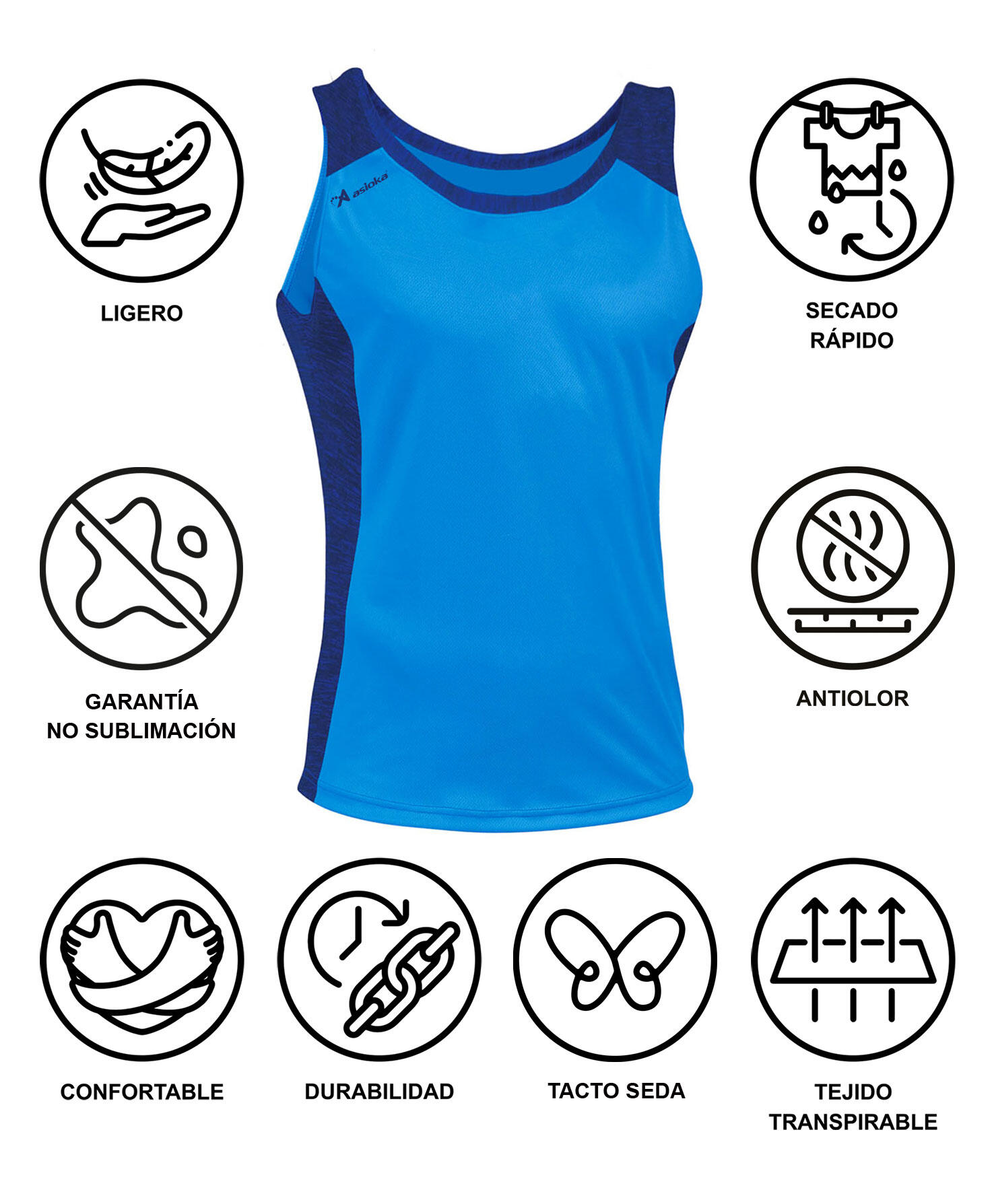 Camiseta Sin Mangas Running Hombre Asioka ELBA Azul.Transpirable 7/7