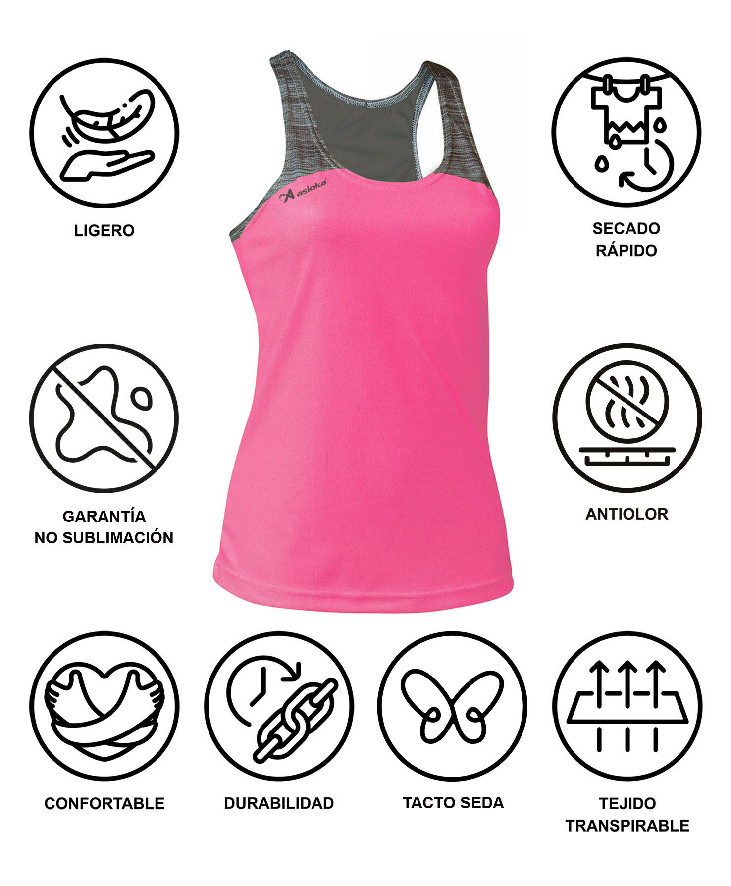 Camiseta Sin Mangas Running Mujer Asioka ELBA Fucsia/Gris.Transpirable 7/7