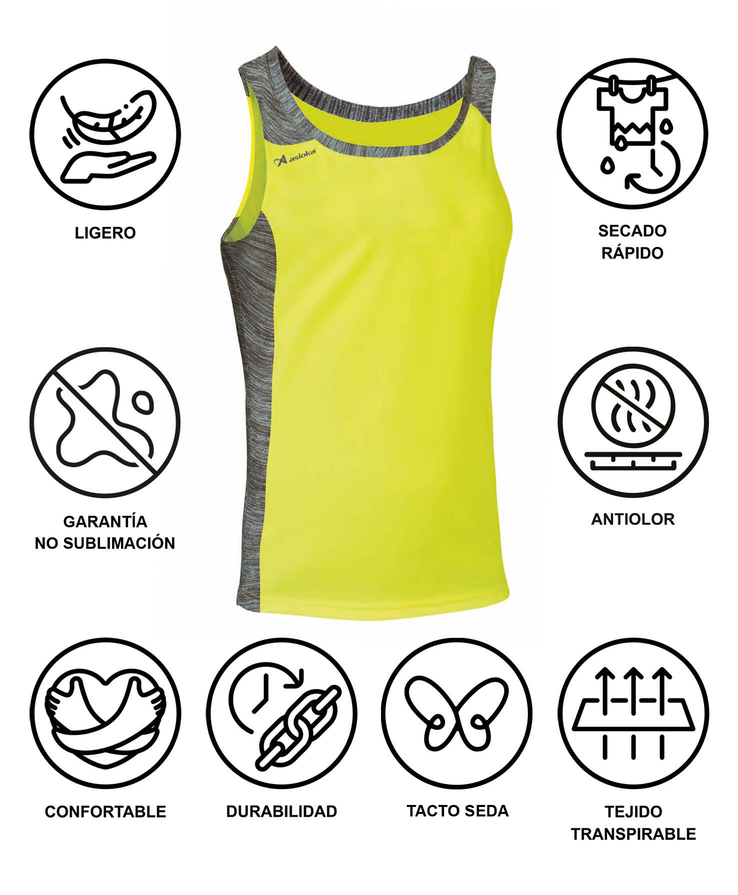 Camiseta Sin Mangas Running Hombre Asioka ELBA Amarillo Flúor.Transpirable 6/7