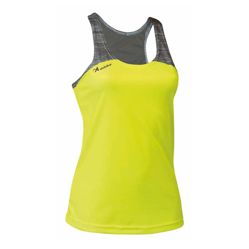 Camiseta Sin Mangas Running Mujer Asioka ELBA Amarillo Flúor/Gris.Transpirable