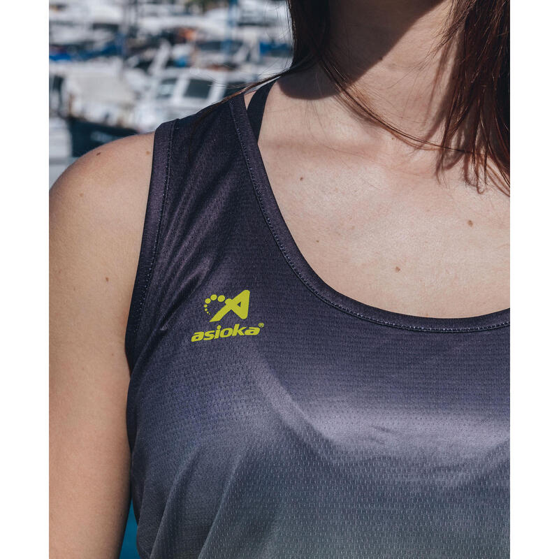 Camiseta Running Tirantes Mujer Asioka TENERIFE Mesh Lima/Negro.Transpirable