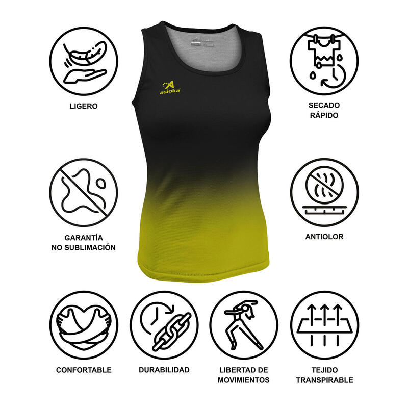 Camiseta Running Tirantes Mujer Asioka TENERIFE Mesh Lima/Negro.Transpirable