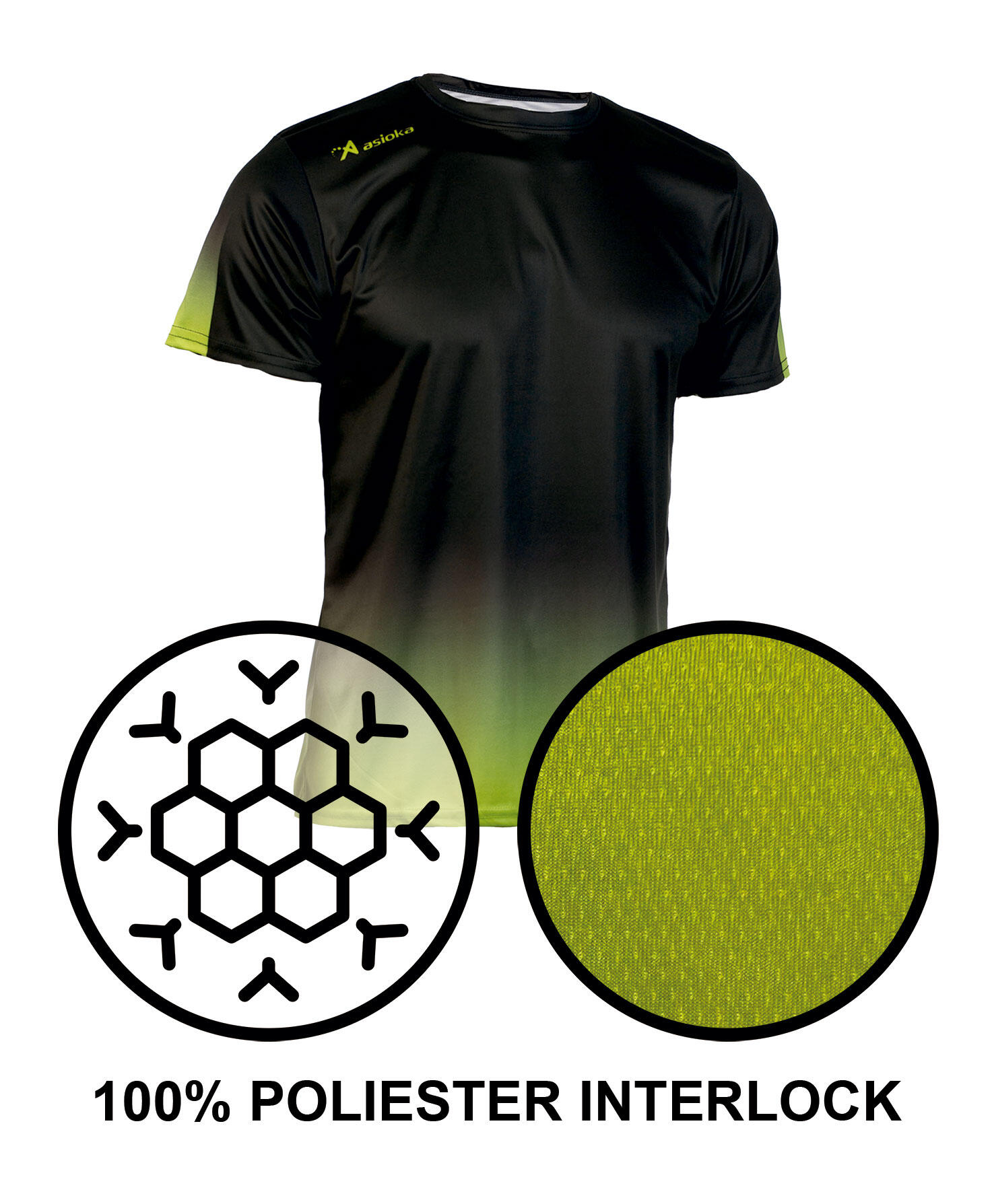 Camiseta de Fútbol para Niños Asioka TENERIFE Negro/Lima.Poliéster Interlock. 4/7