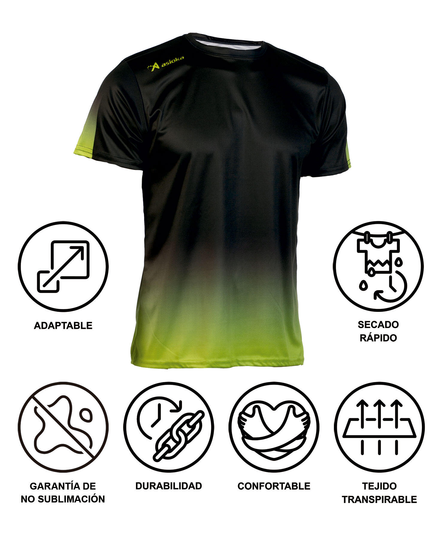 Camiseta de Fútbol para Niños Asioka TENERIFE Negro/Lima.Poliéster Interlock. 6/7