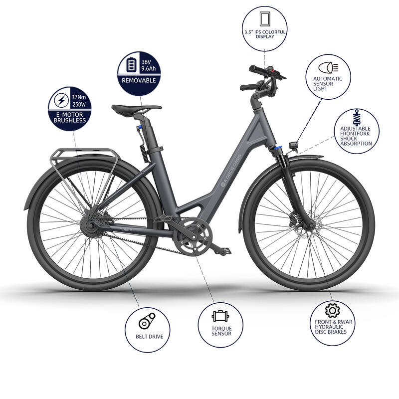 Bicicletă electrică ADO Air28, 28", transmisie prin curea, aplicație, 250W
