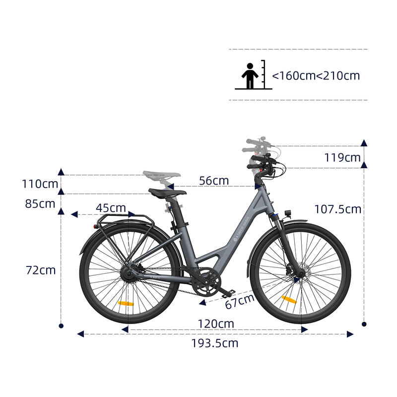 Bicicleta elétrica ADO Air28, Ebike 28", Correia de Transmissão, APP, 250W, LCD