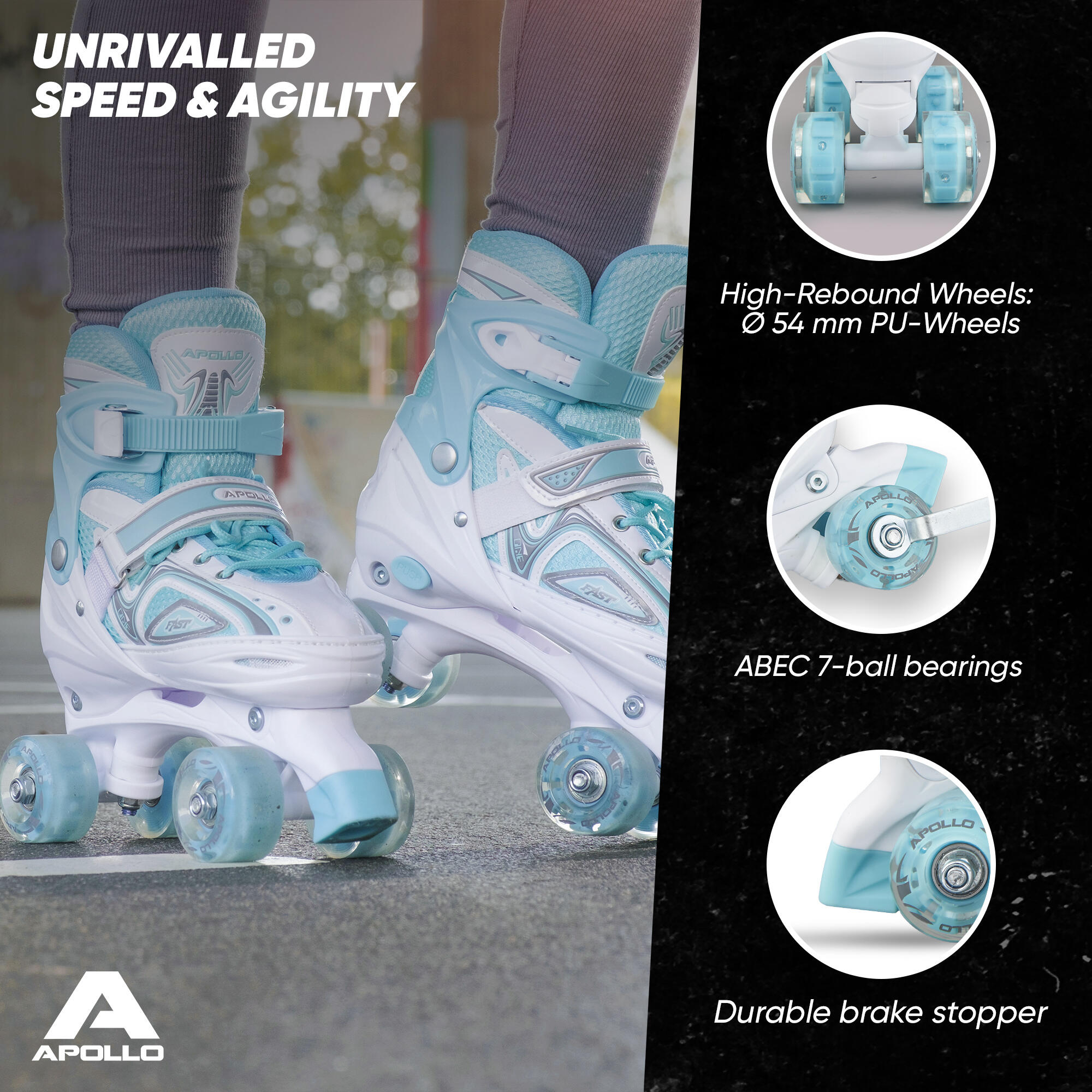 'Super Quad X Pro' verstelbare LED rolschaatsen, Wit/Mint - L (39-42) 5/7