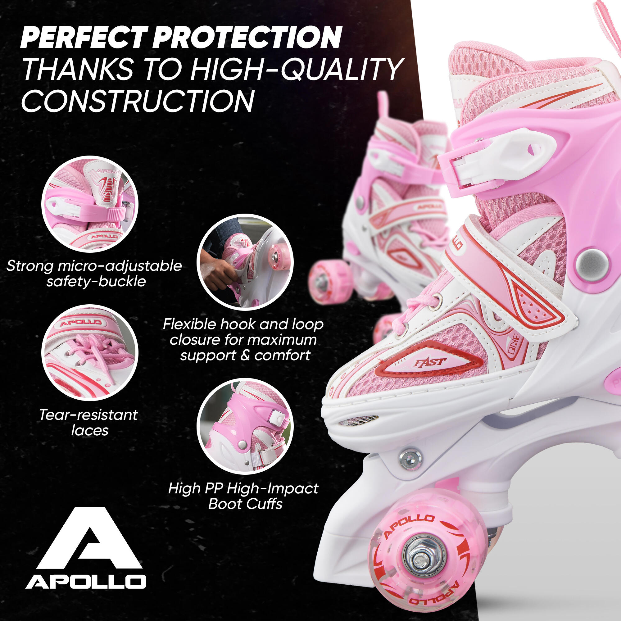 'Super Quad X Pro' verstelbare LED rolschaatsen, Wit/Roze - L (39-42) 4/7