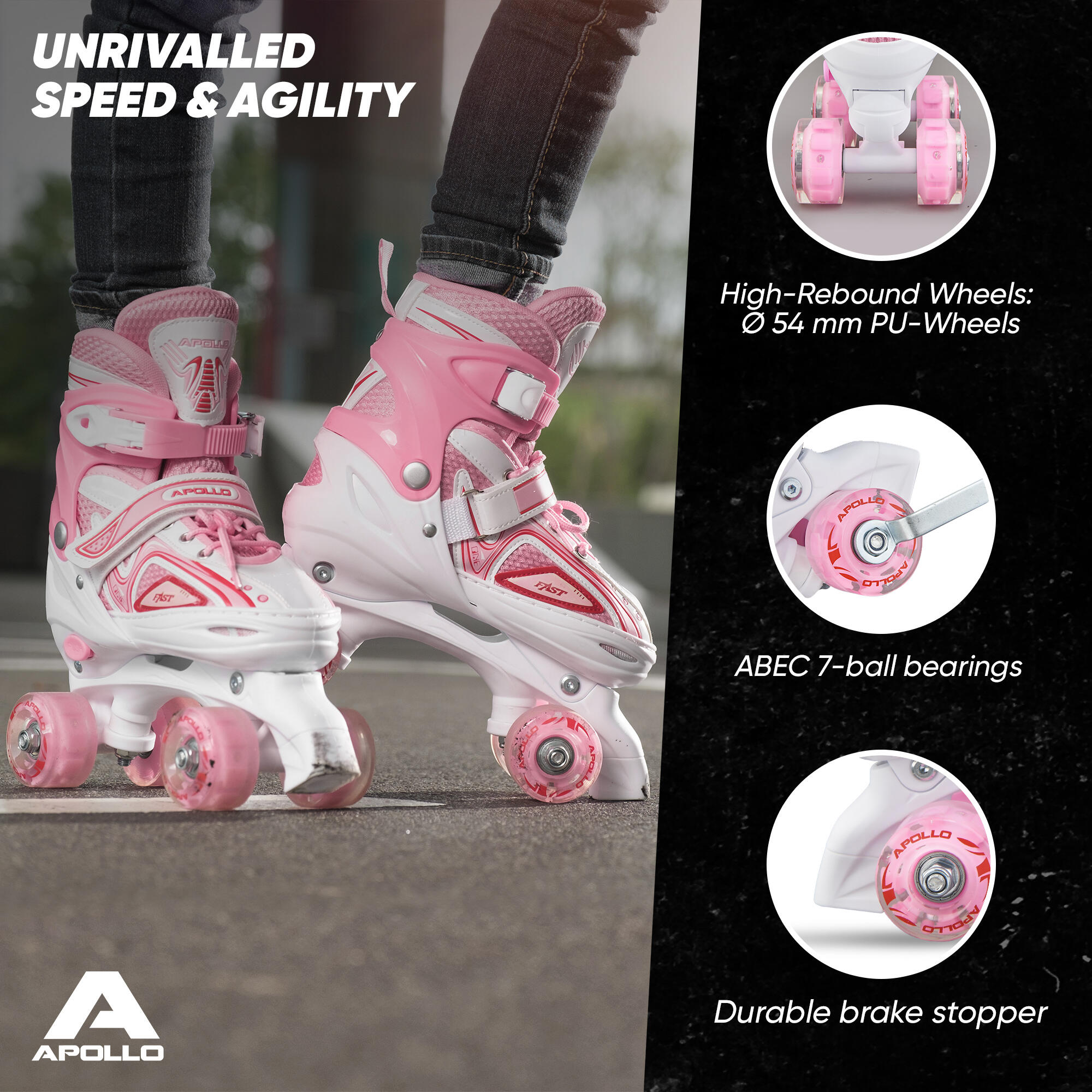 'Super Quad X Pro' verstelbare LED rolschaatsen, Wit/Roze - L (39-42) 5/7