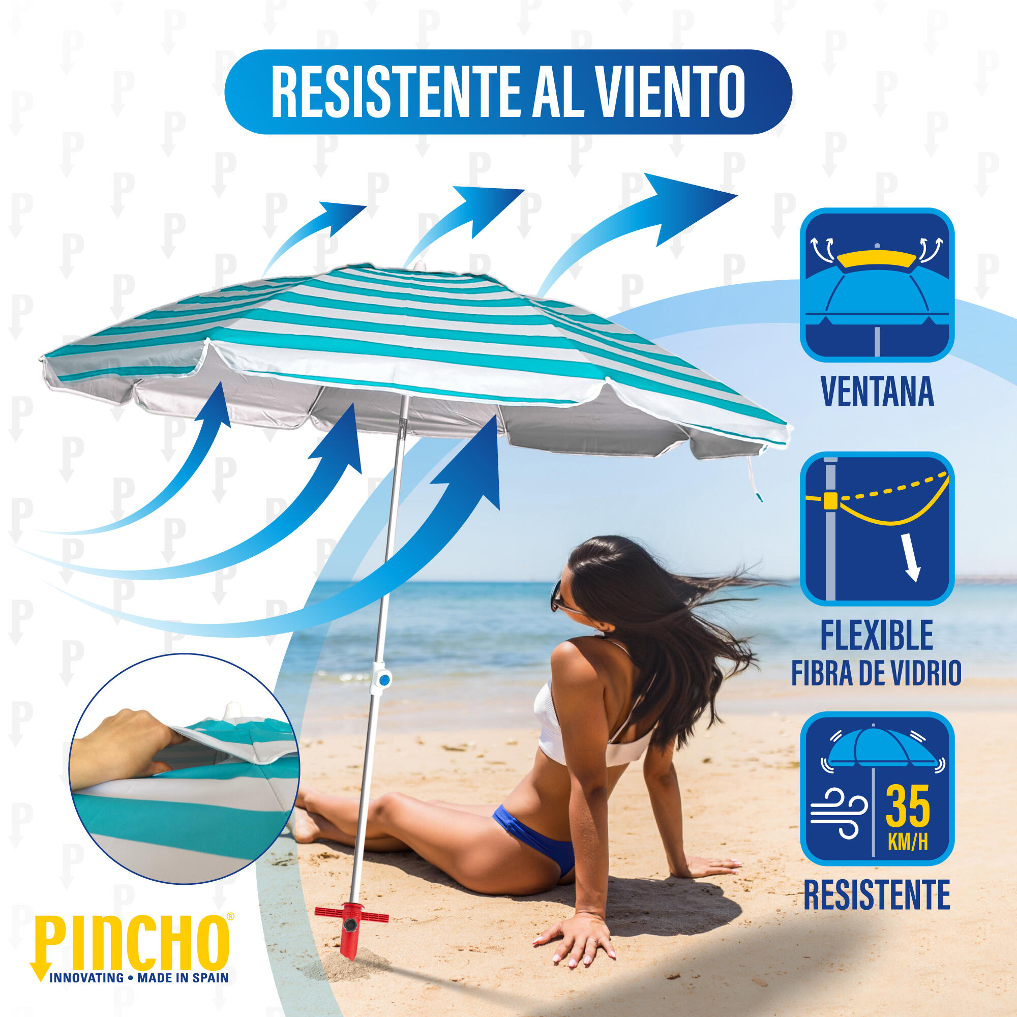 Sombrilla de Playa Pincho Benisa rayas turquesa 200cm 2/6