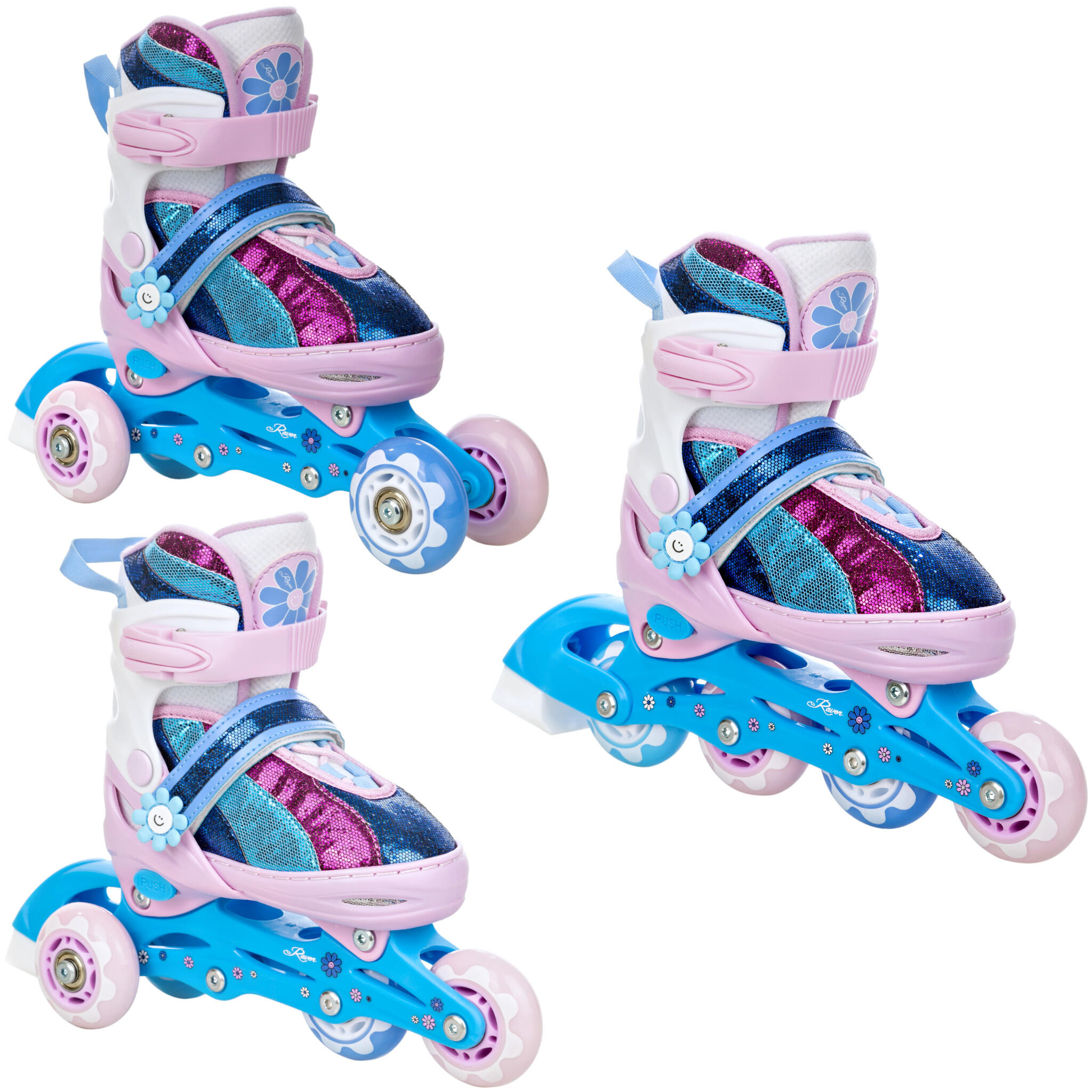 Raven senia 3-in-1 adjustable roller skates rosa/azul/púrpura