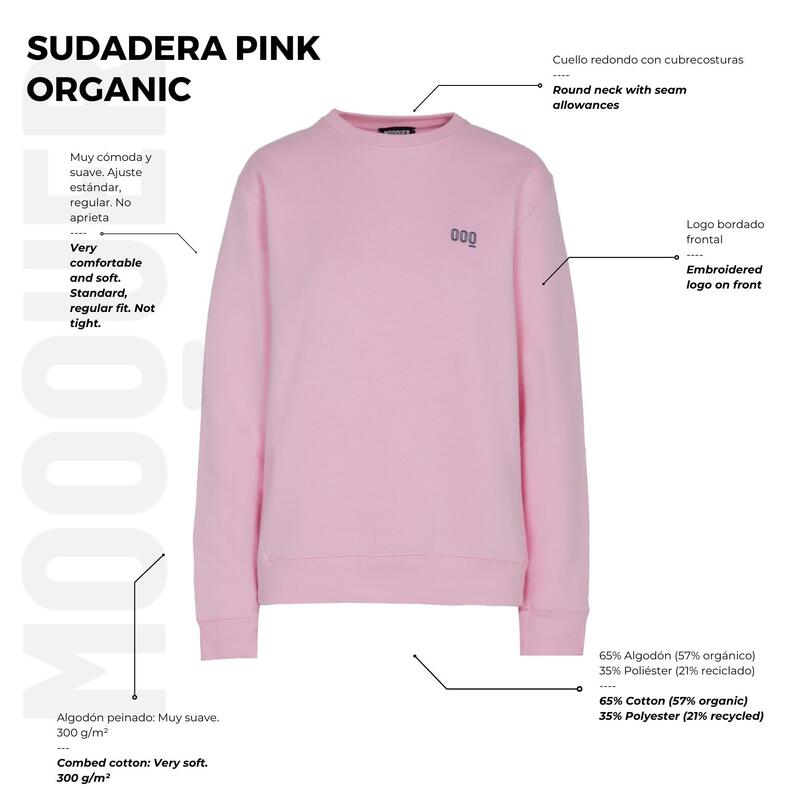 Sudadera Pink Organic Sin Capucha Bordada Algodón Orgánico Unisex Mooquer Rosa