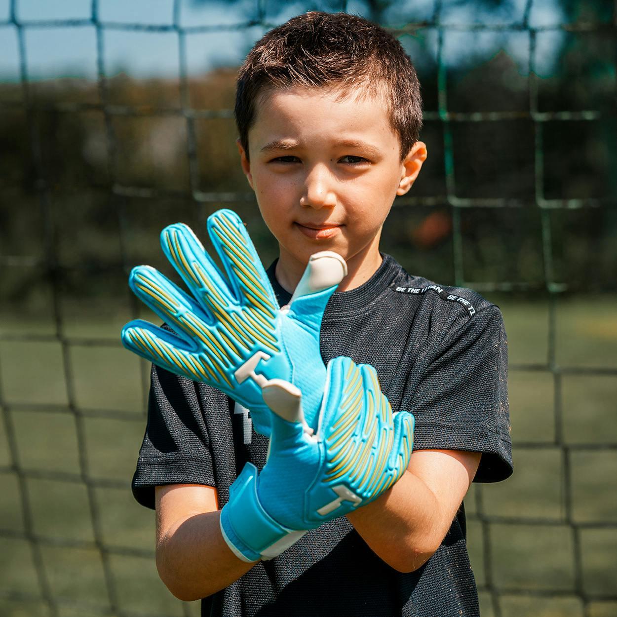 Guantes de portero de fútbol niños Rebel 2.0 Sky Blue Junior con protecciones 3/5