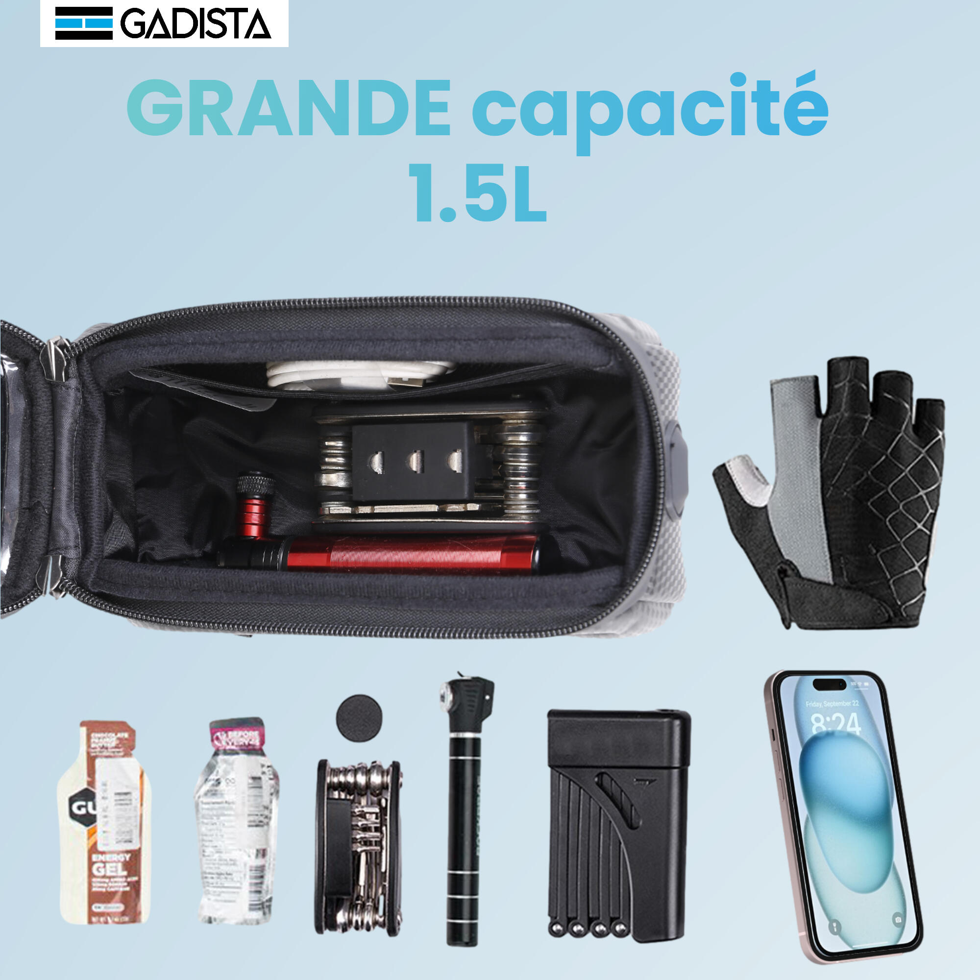 Sacoche Guidon Vélo étanche - Support Téléphone 7 Pouces - Housse Pluie Incluse - Rangement Pratique