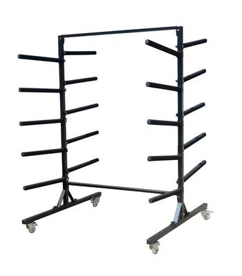 Espositore rastrelliera con ruote per 10 tavole surf o SUP 130x130x185 cm