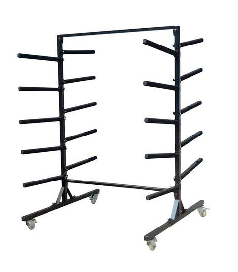 Espositore rastrelliera con ruote per 10 tavole surf o SUP 130x130x185 cm